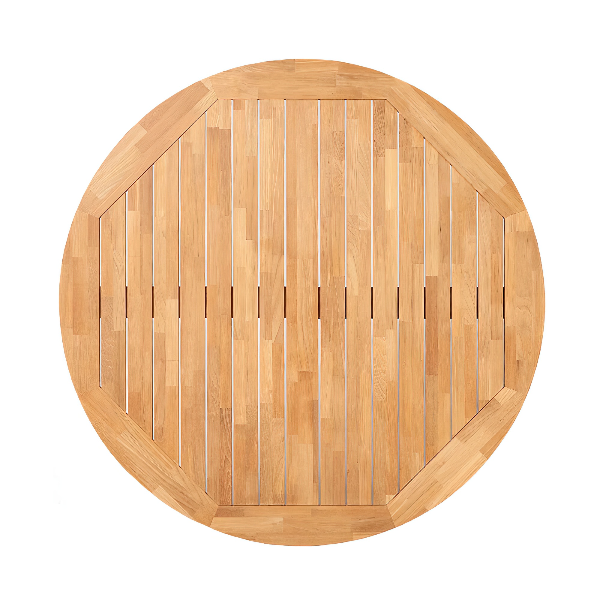 Vue de dessus d'une table de jardin ronde en bois avec des supports, parfaite pour la décoration de jardin