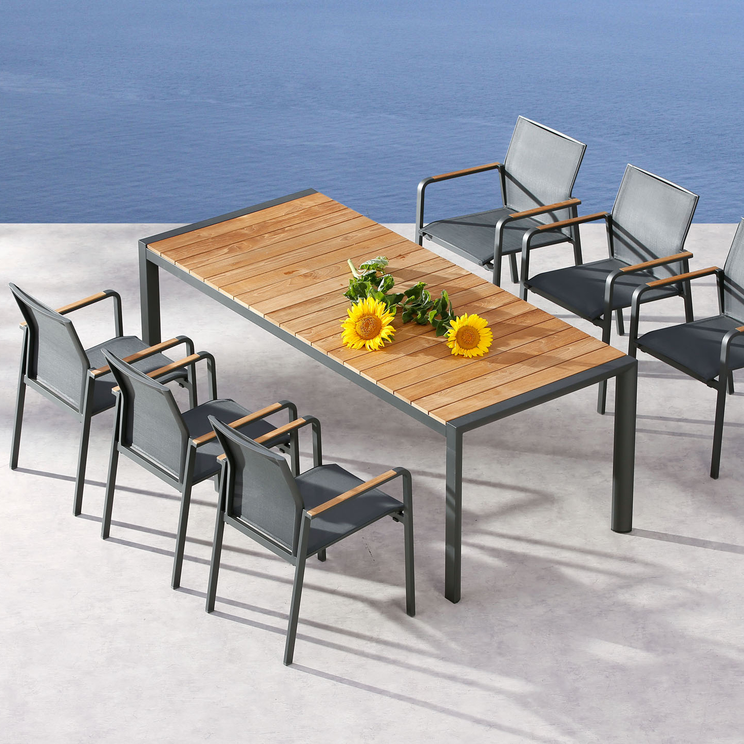 Große Alu 6er Sitzgruppe mit Teakholzplatte in Anthrazit - Legar