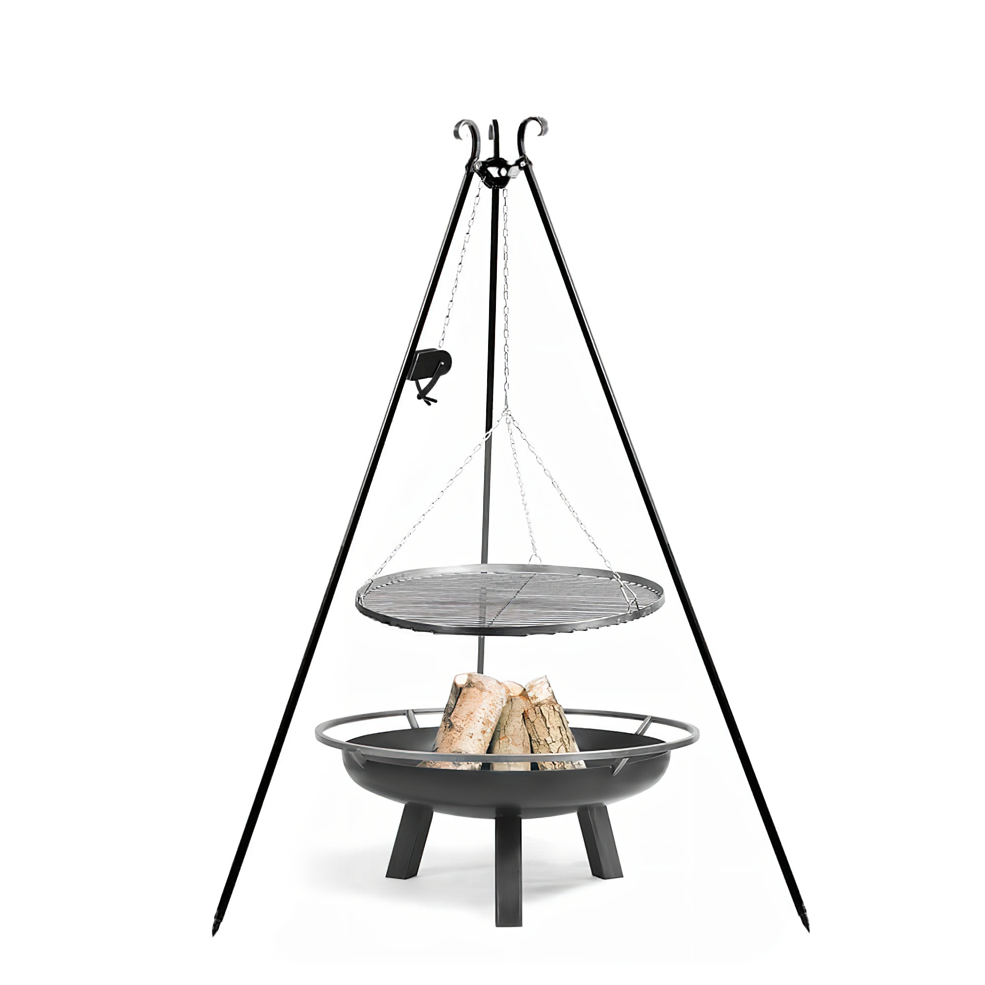 Schwarzer Dreibein Grill mit Grillrost und Feuerstelle in modernem Design