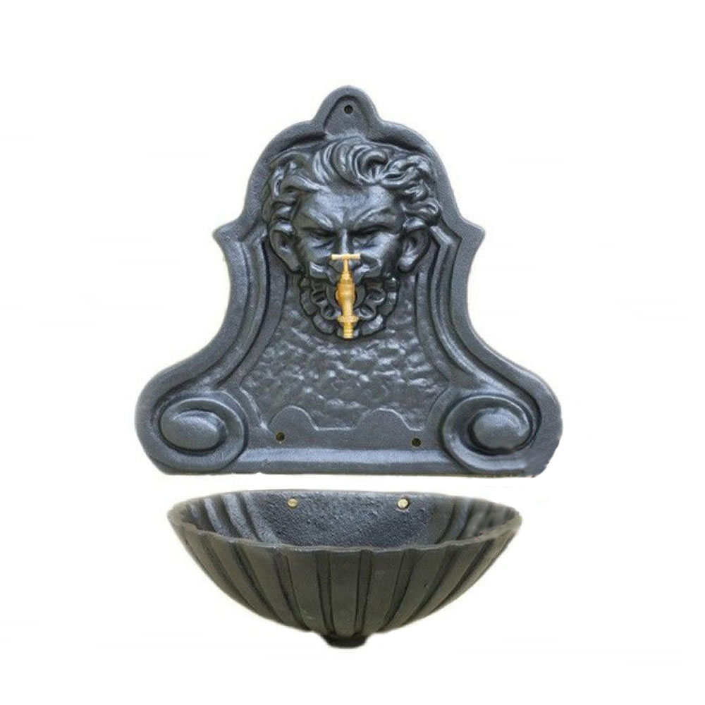 Stilvoller Wandbrunnen mit Fratze aus Gusseisen zur Stadt-Gestaltung - Fenja / Grün