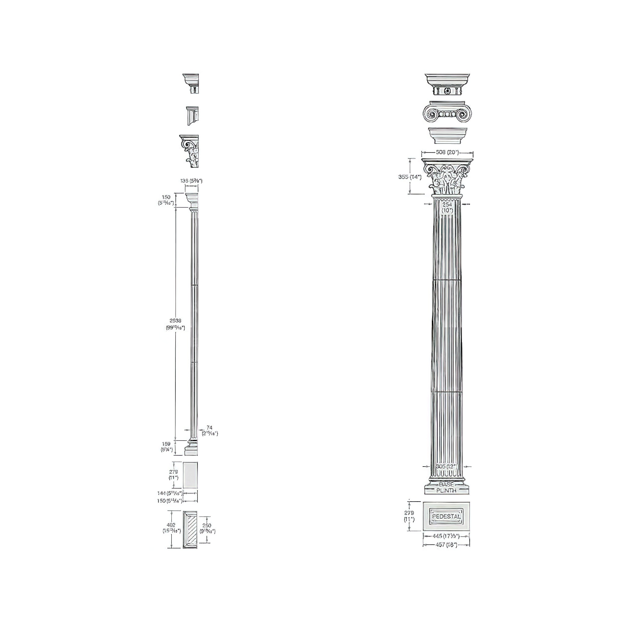 Disegno tecnico di una colonna decorativa da giardino con misure