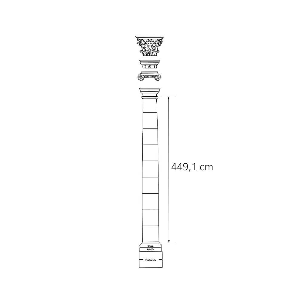 Dessin technique d'une colonne de jardin de 449,1 cm de haut avec chapiteau corinthien
