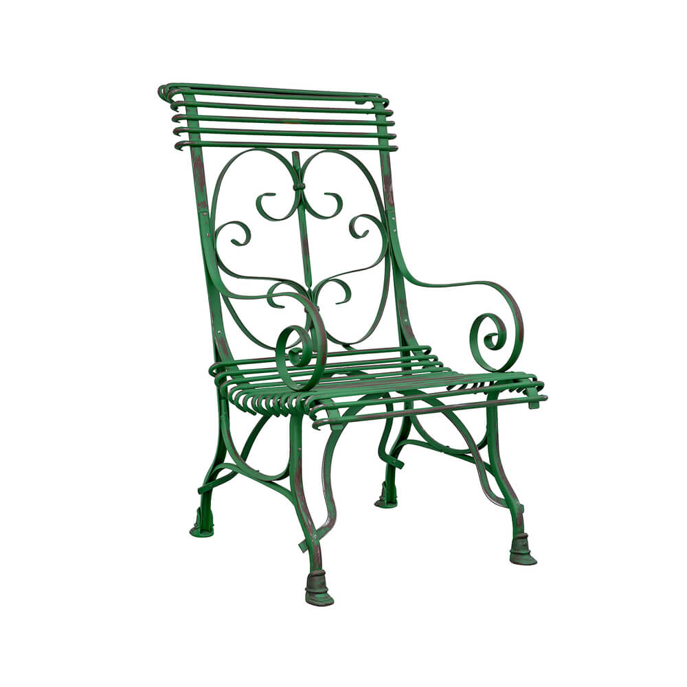 Grüner Metallstuhl mit elegantem geschwungenem Design für den Garten