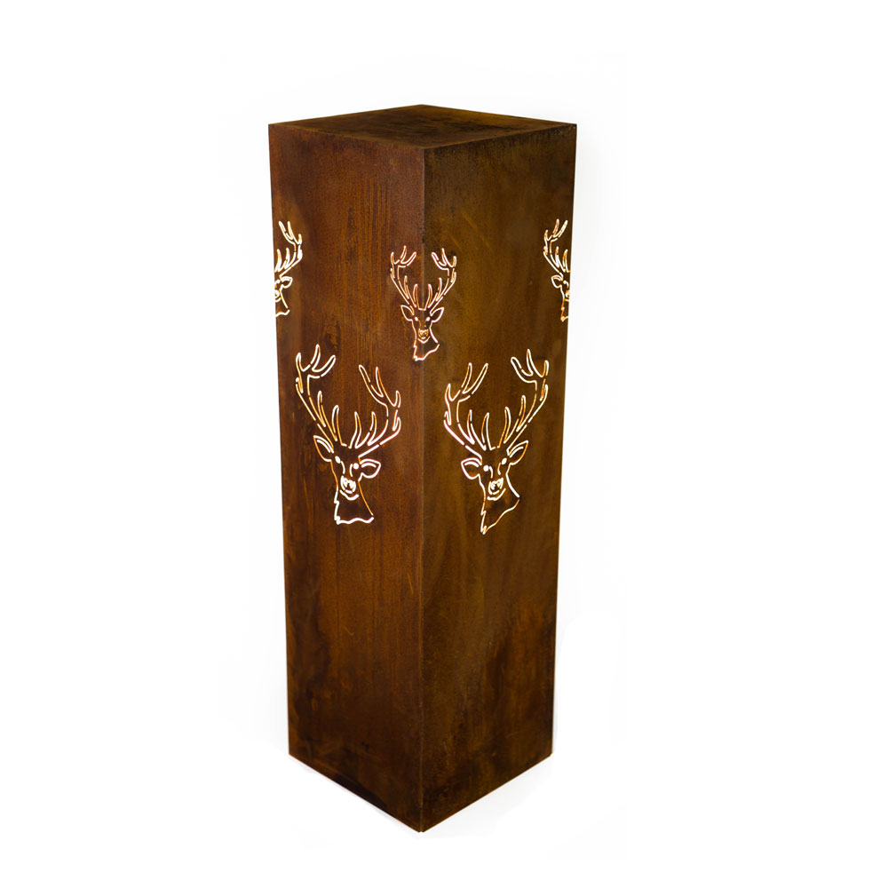 Eckige Deko Säule aus Rost Metall mit Hirsch Dekor - Daino