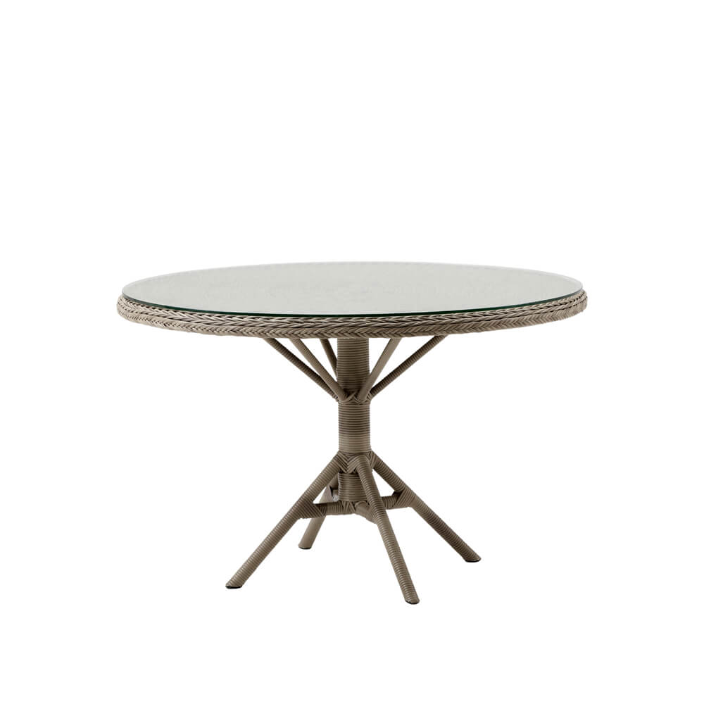 Table de jardin ronde moderne avec structure en métal et surface en verre
