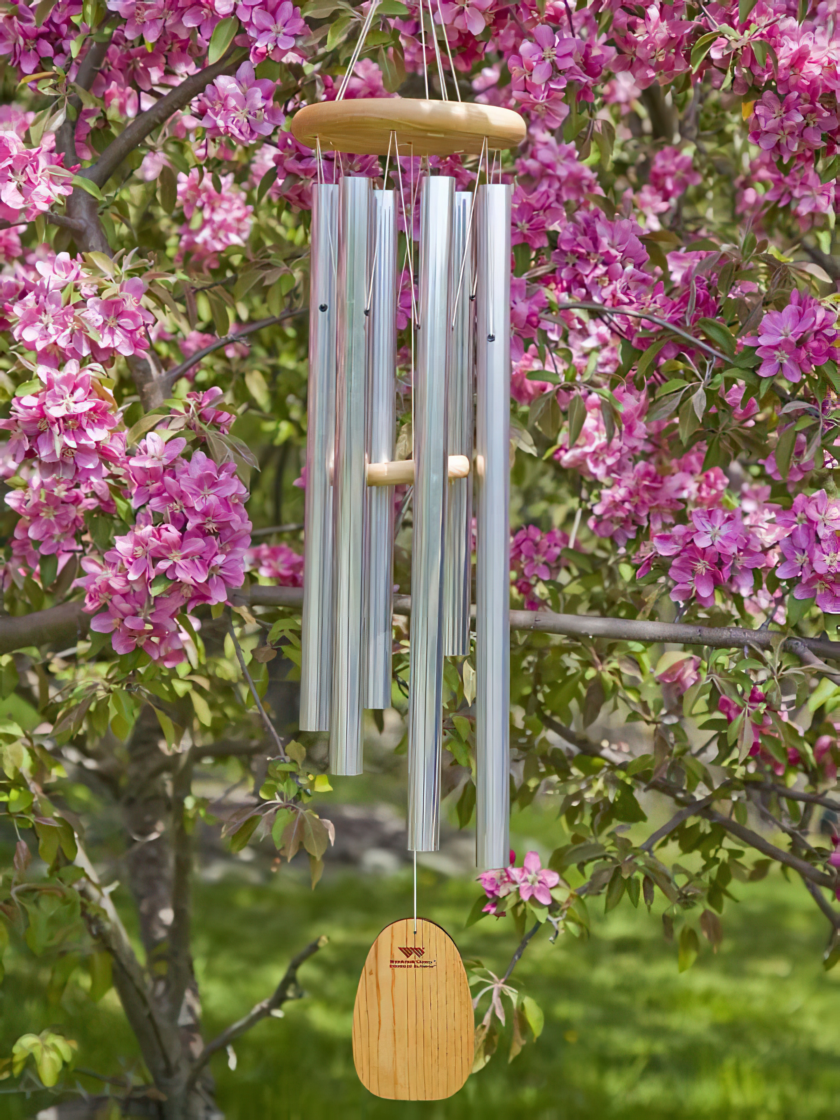 Carillon à vent avec tubes métalliques argentés suspendu à une branche fleurie rose