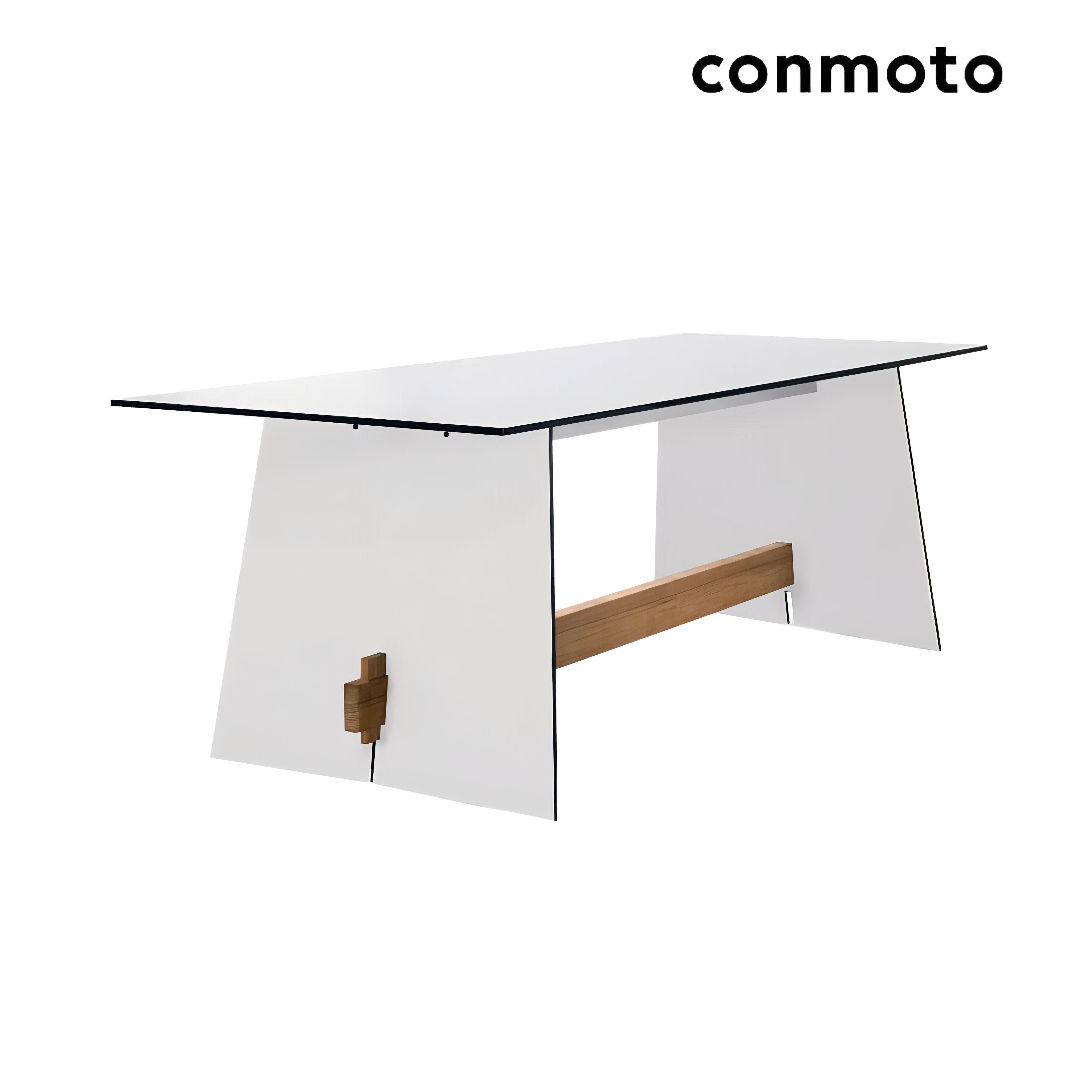 Elegante tavolo da giardino con vetro trasparente, lati bianchi e elemento in legno