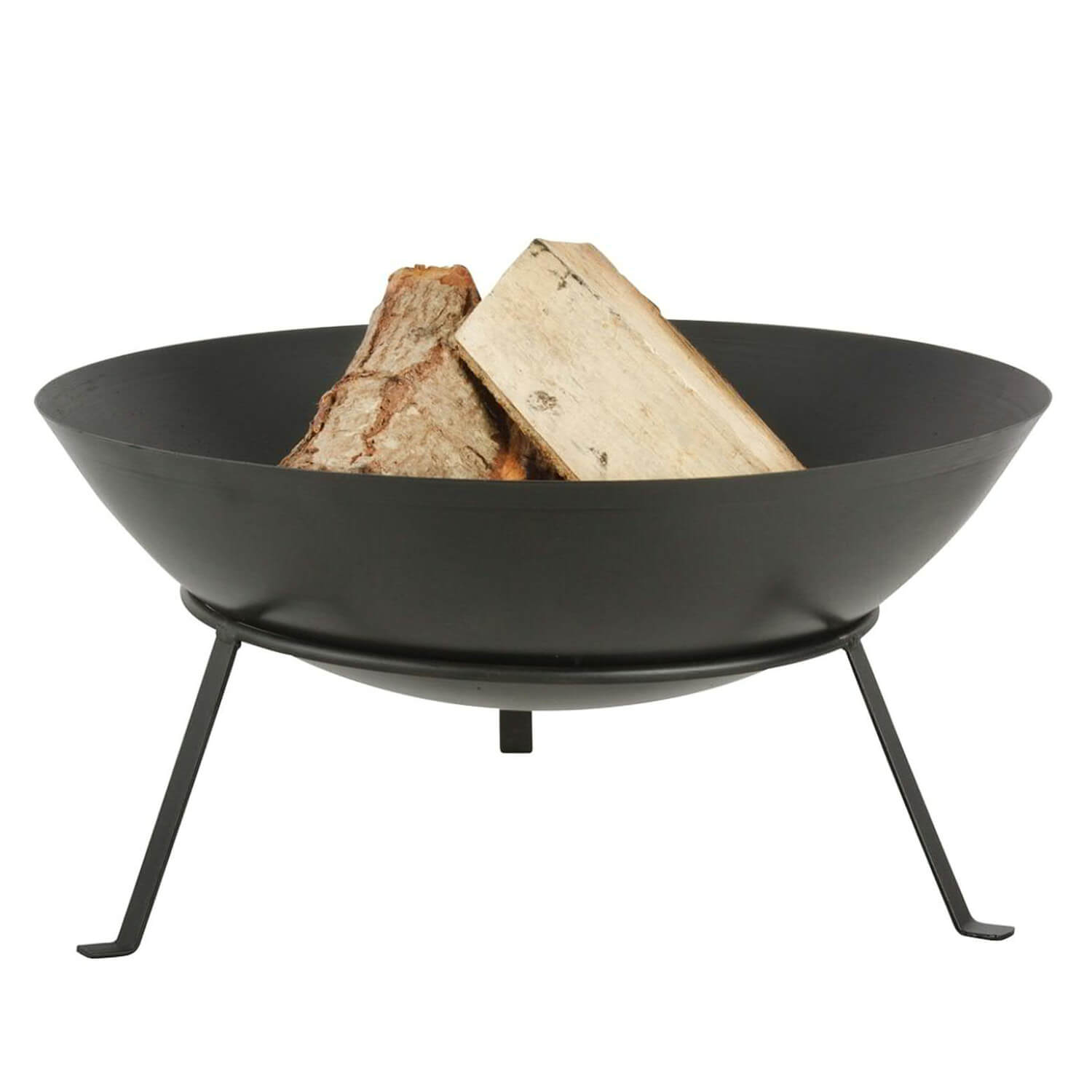 Runde schwarze Feuerschale mit drei Beinen, gefüllt mit Brennholz, für den Garten
