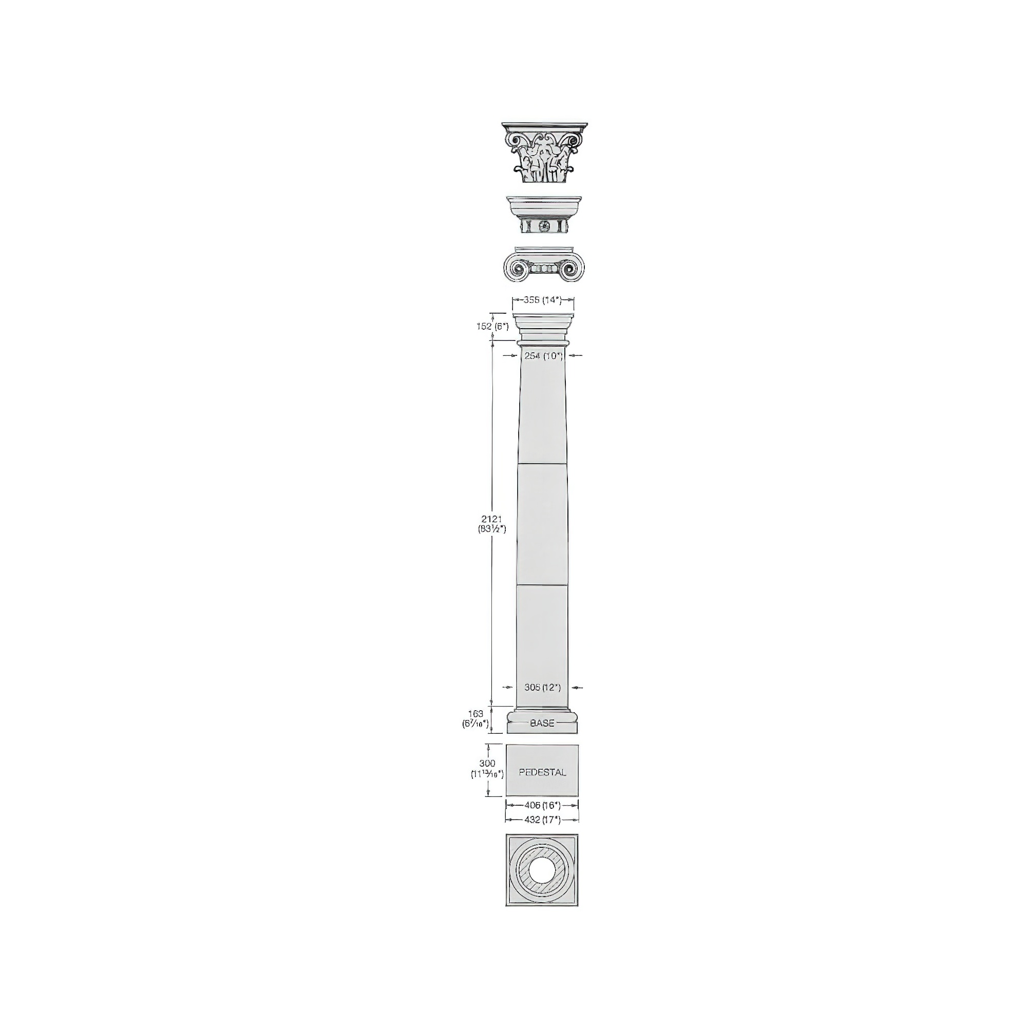 Colonna da giardino bianca con capitello classico come decorazione per il giardino