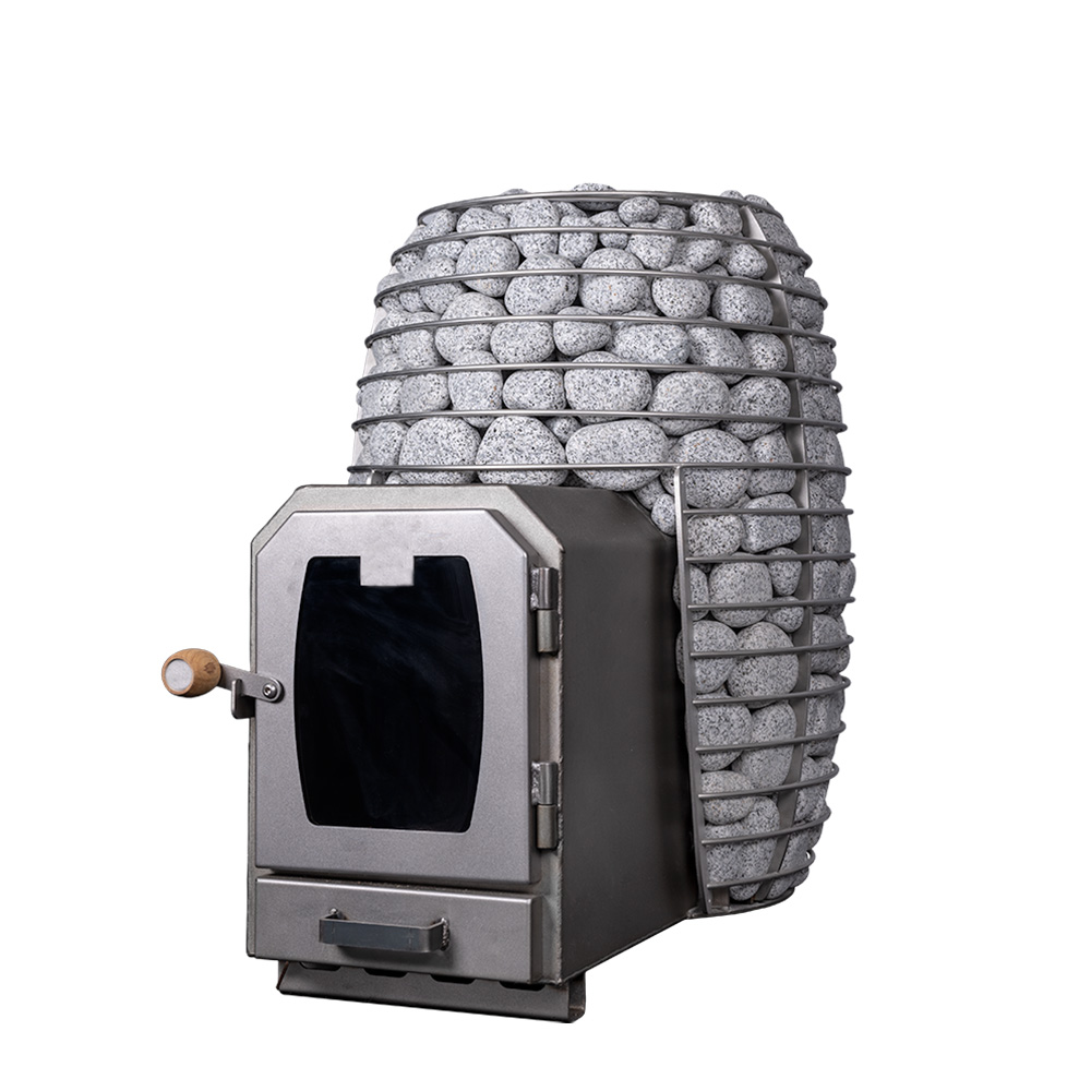 Stilvoller Holzofen mit runden Steinen für den Saunabereich - Nela / 45,5x46cm (BxT)