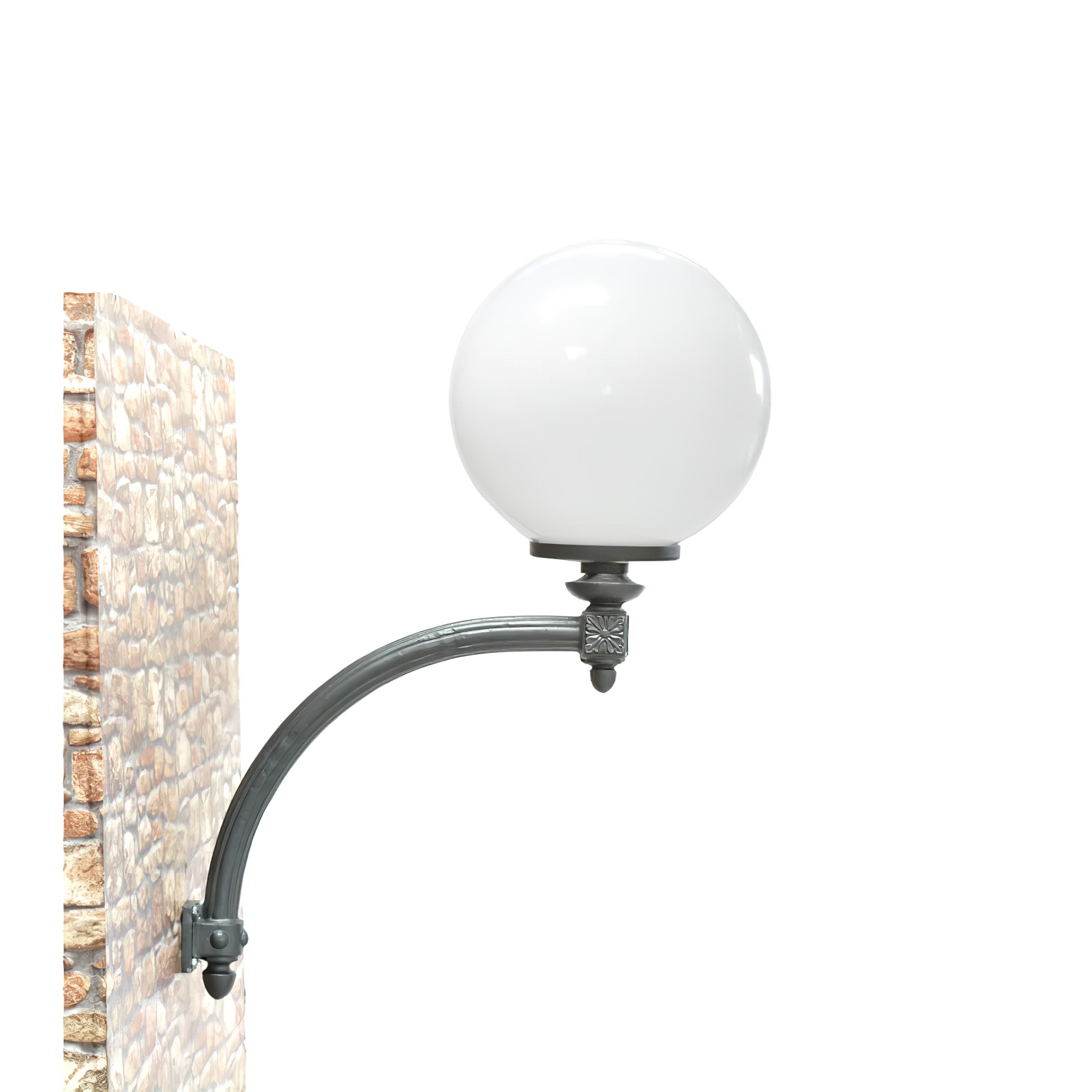 Moderne Wandlampe mit rundem weißem Lampenschirm aus Glas an gebogenem Metallarm