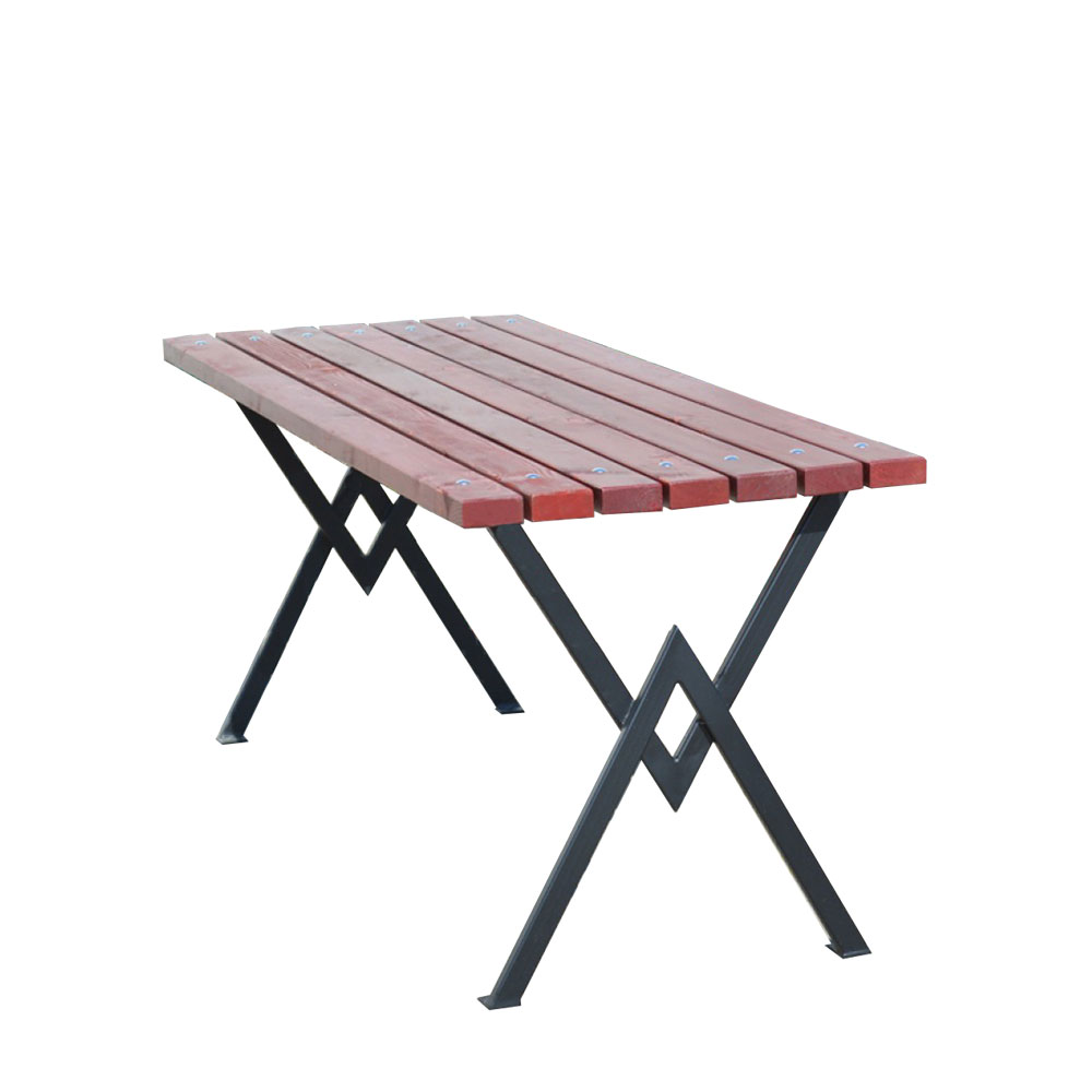 Roter Gartentisch mit schwarzem Metallgestell, ideal für Gartenmöbel