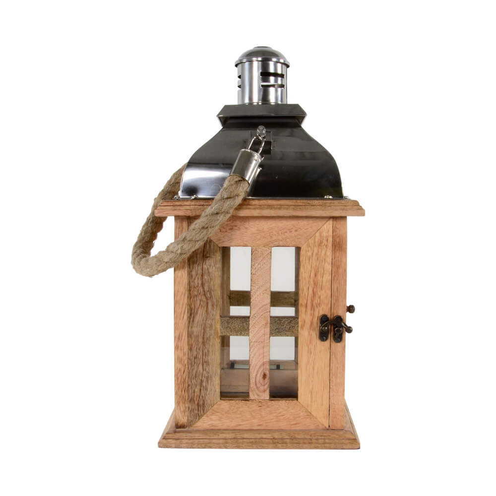 Braune Holzlaternen mit Metalldach und Kordel - Laterne Linus / 40x20x20cm (HxBxT)