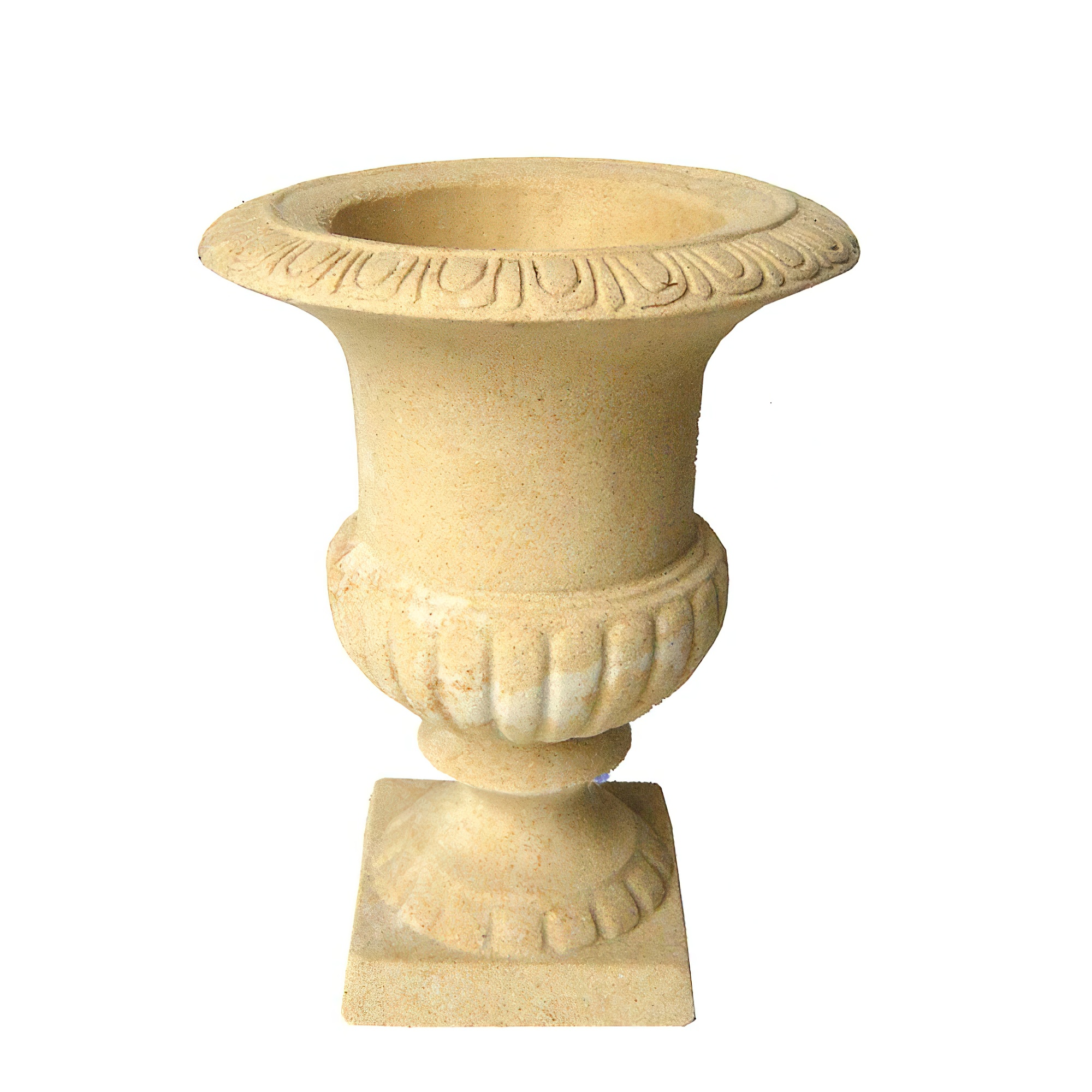Beige steinerne Gartenvase mit breiter Öffnung und dekorativem Sockel