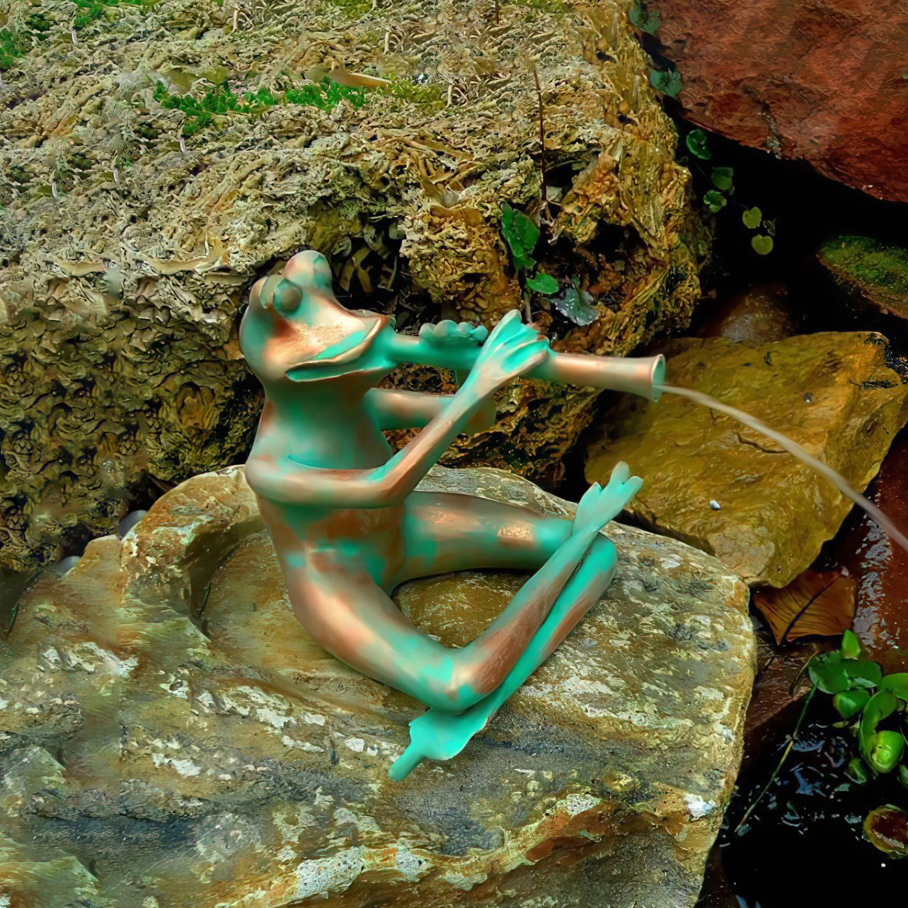 Musikalischer Steinguss Wasserspeier - Frosch im Schneidersitz mit Flöte - Nemea / Olimpia