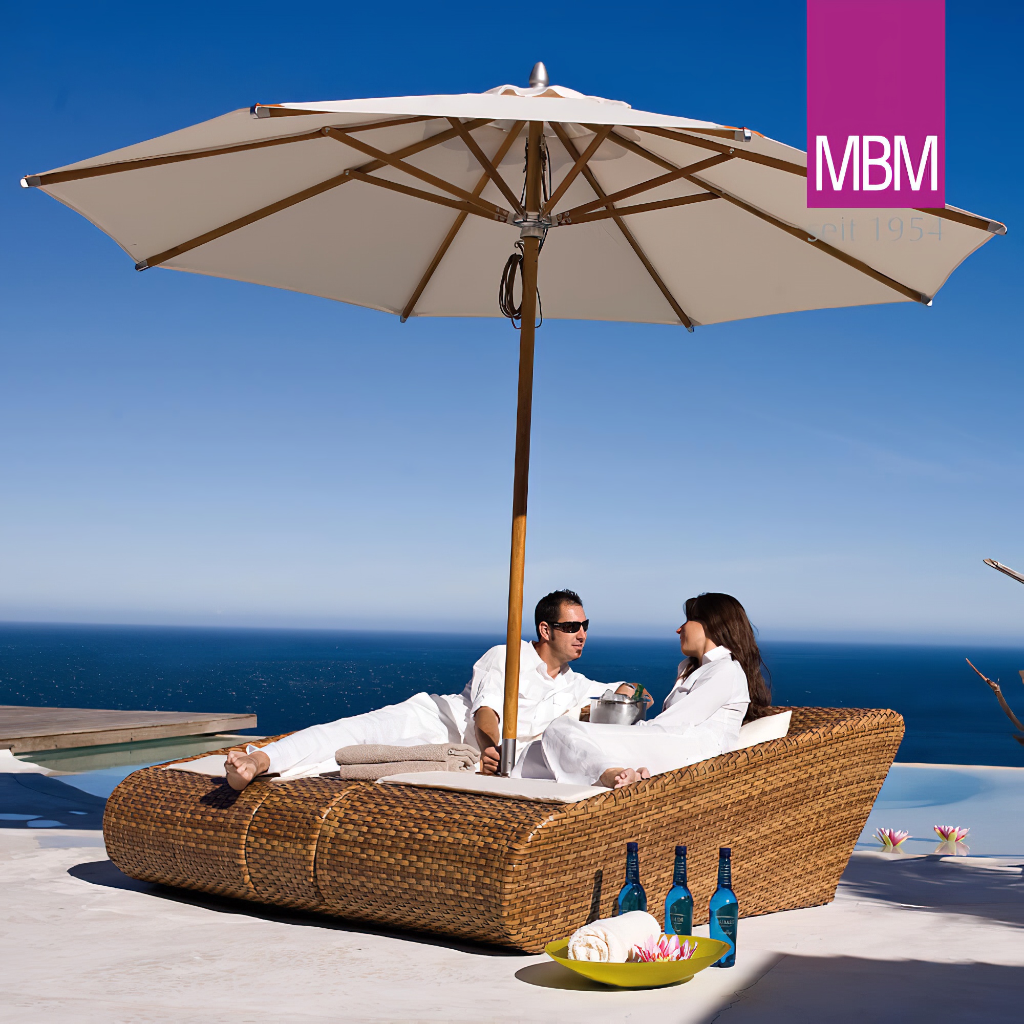 Große Doppelliege mit Console - MBM - Polyrattan - braun - Madrigal Relax-Lounge Set