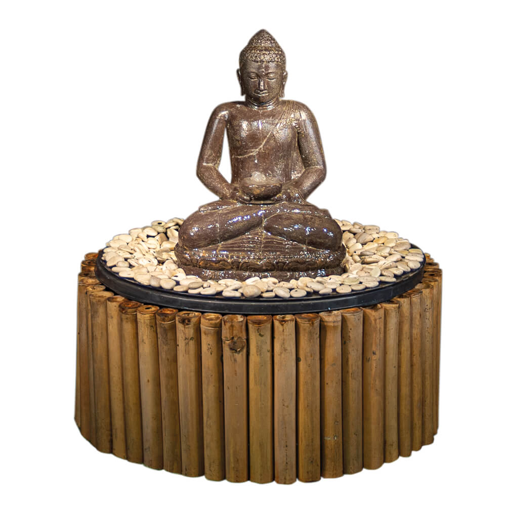 Sitzender Buddha mit Gefäß als Wasserspiel inkl. Pumpe und Becken - Kawei