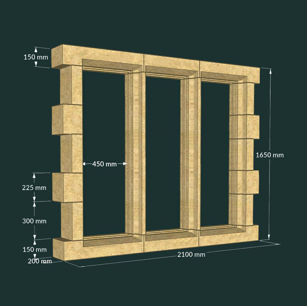 Maßskizze eines Holzrahmens mit Abmessungen in Millimetern für ein Gartenhaus