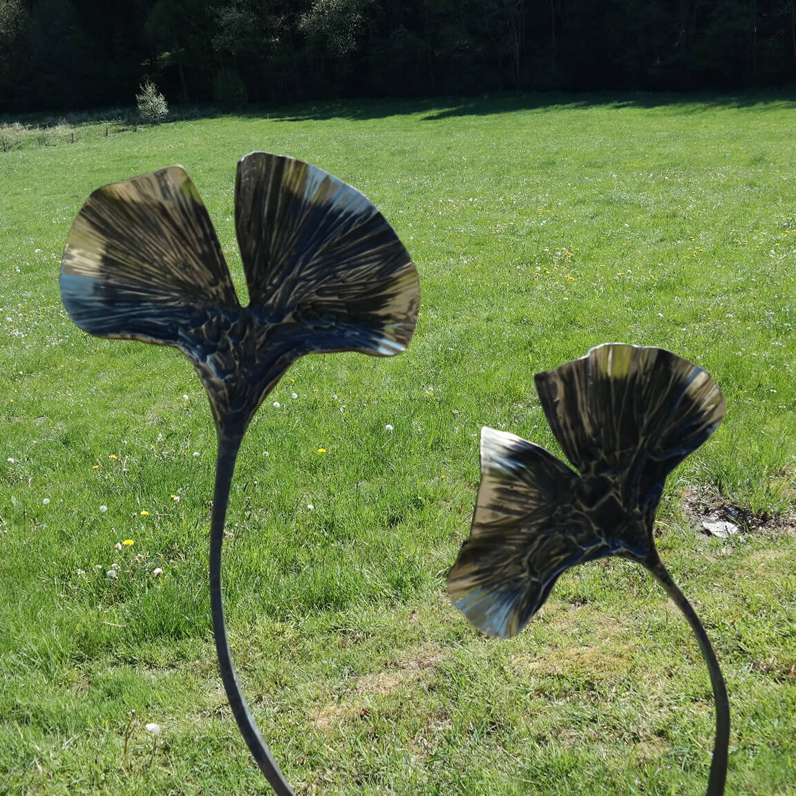 Due sculture metalliche astratte a forma di fiore su un prato verde