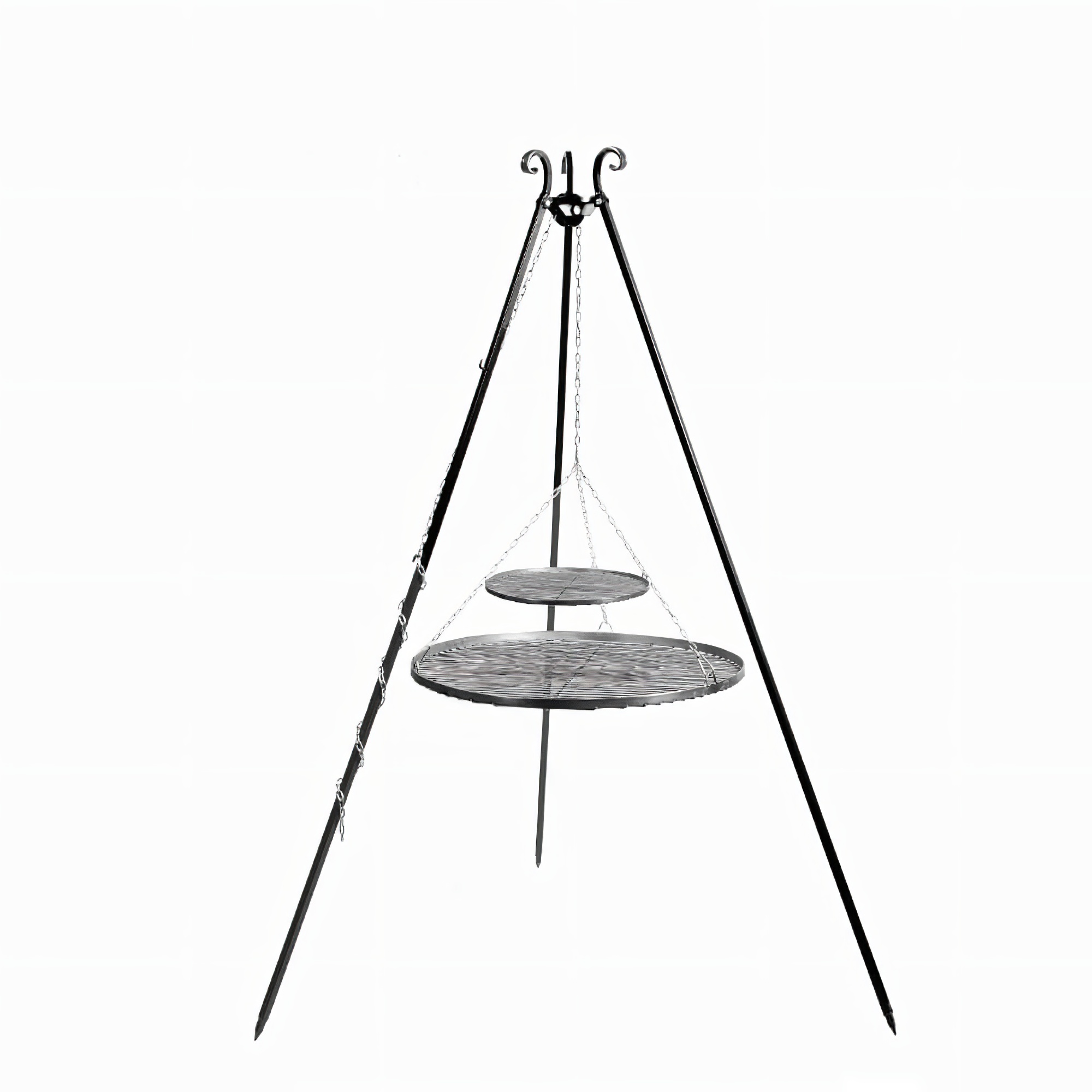 Schwarzes Dreibein mit Hängevorrichtung und Grillrost für Gartengrill