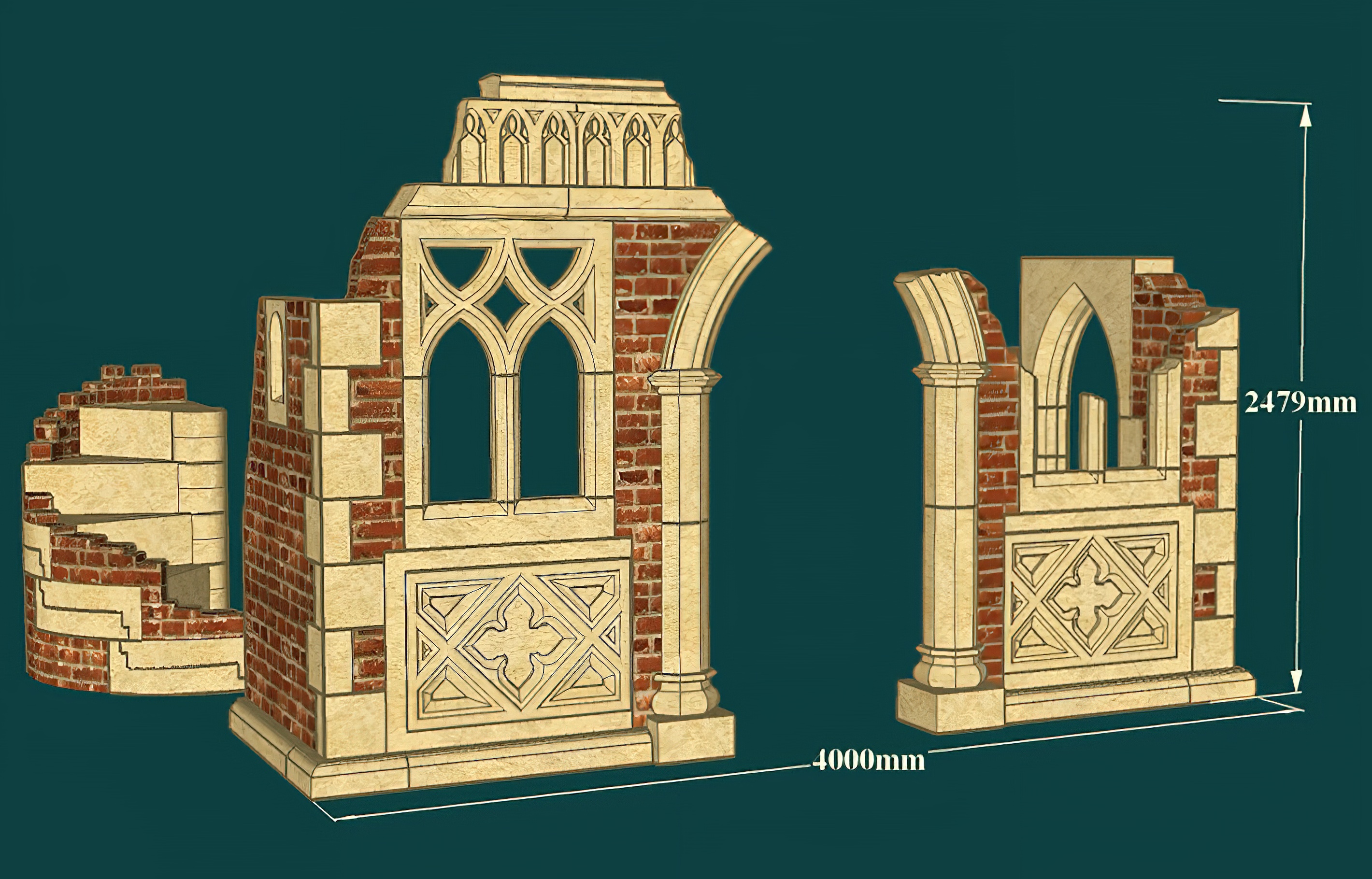 Dessin 3D d'un modèle de fenêtre gothique avec dimensions, adapté pour la décoration de jardin