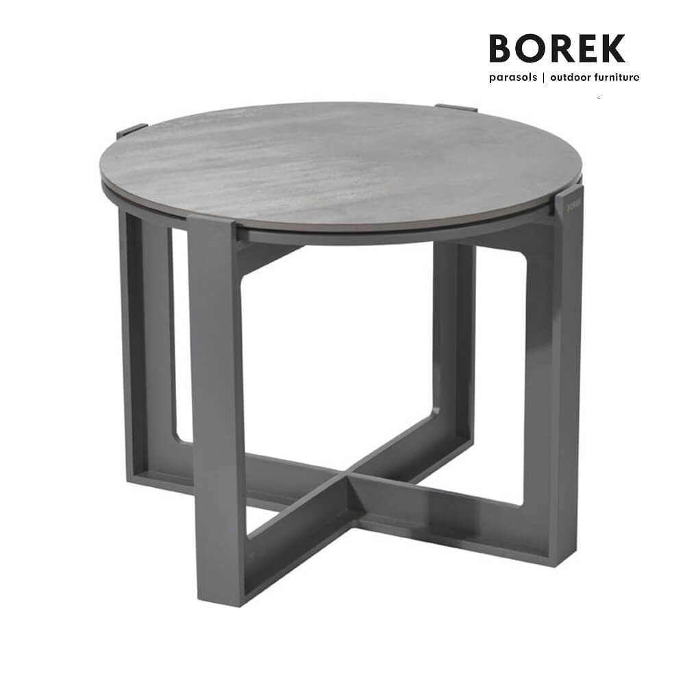 Runder Gartentisch mit grauer Betonplatte und schwarzem Metallgestell