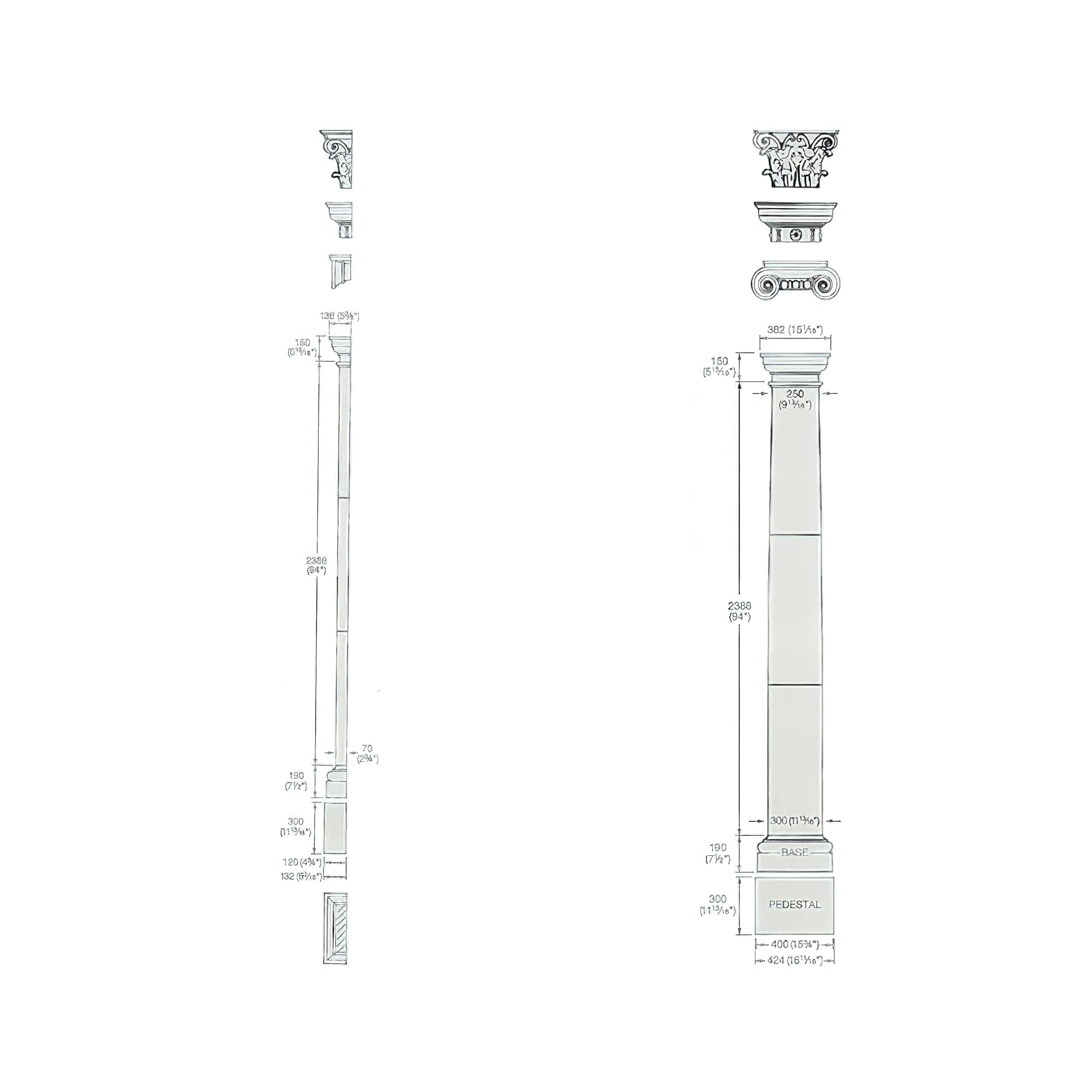 Disegno tecnico di una colonna decorativa alta adatta per mobili da giardino e decorazioni da giardino