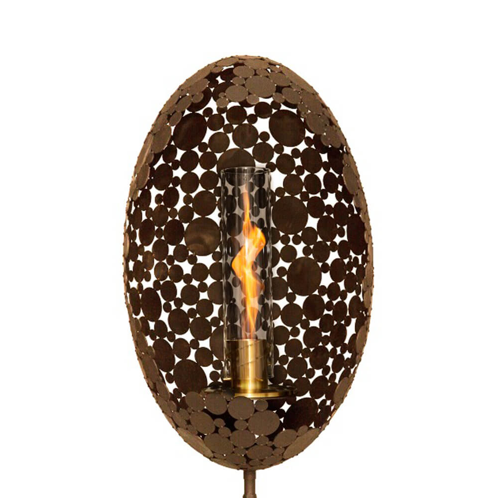 Rostfarbener Metallkokon mit Ethanol Gartenfackel - Marcos / 100x60cm (HxB) / Ethanolofen mit goldenem Fuß