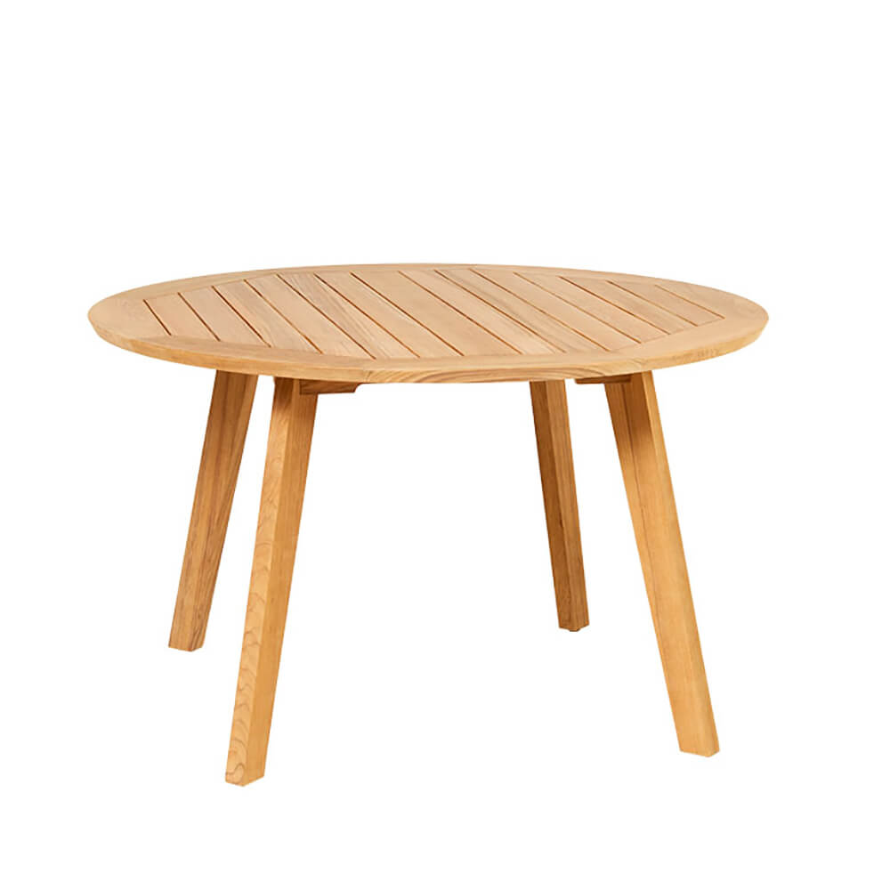 Table de jardin ronde en bois moderne avec quatre pieds sur fond blanc