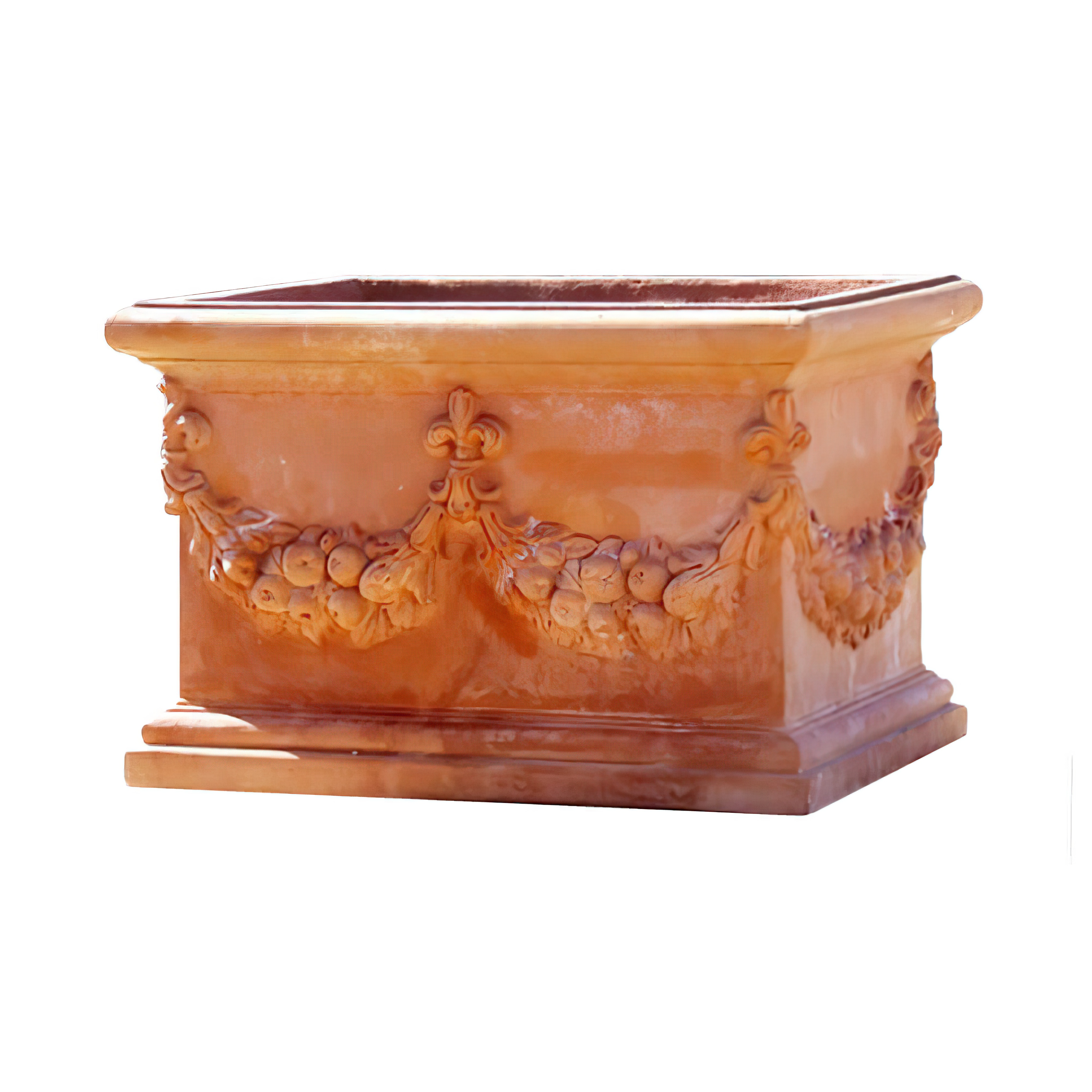 Fioriera quadrata in terracotta con motivi floreali decorativi per il giardino