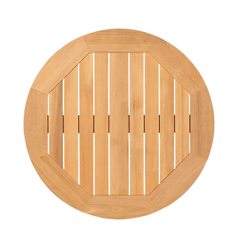 Vue de dessus d'une table de jardin ronde en bois clair avec cadre à lattes