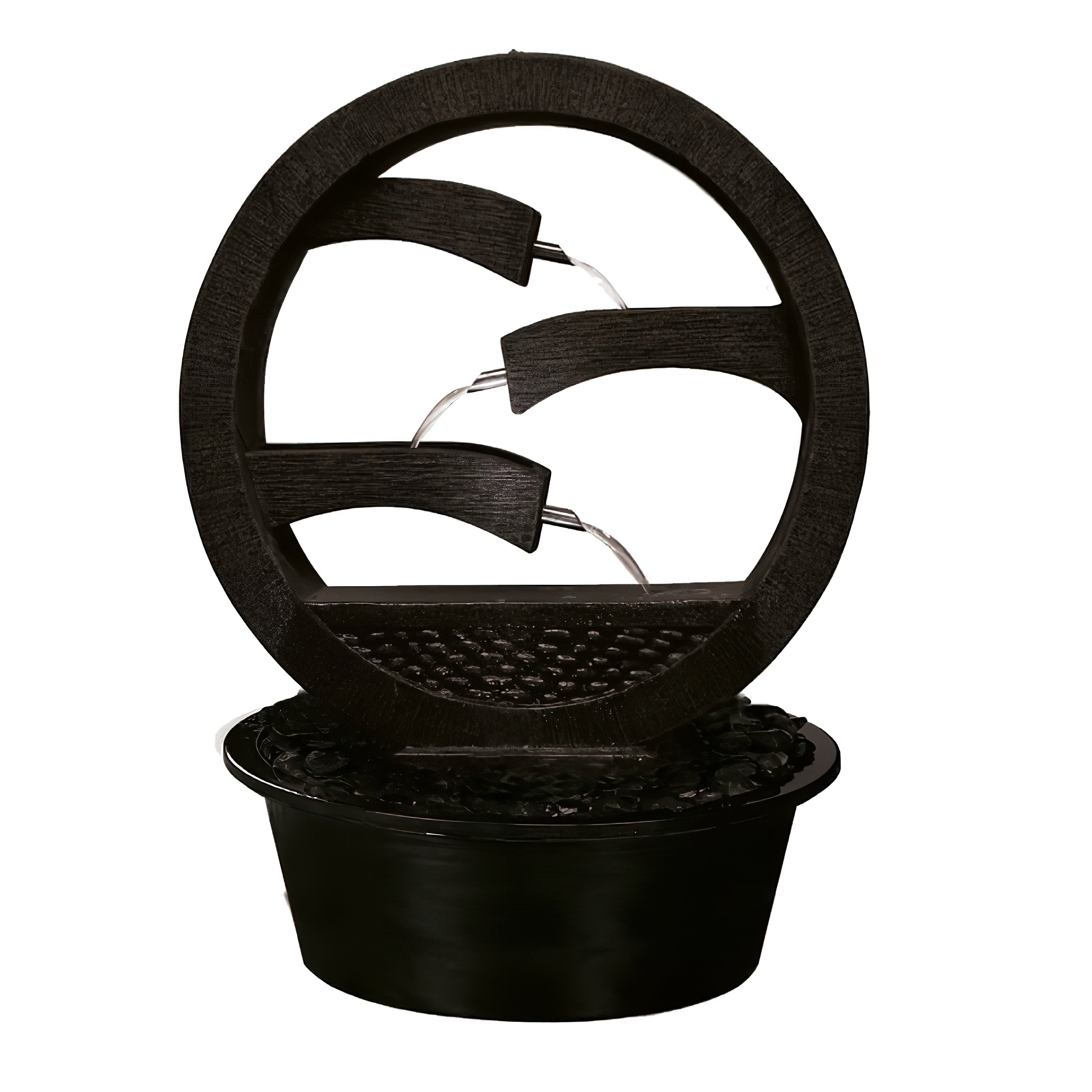 Schwarzer runder Gartendekobrunnen mit drei Wasserkaskaden und Wassereffekt