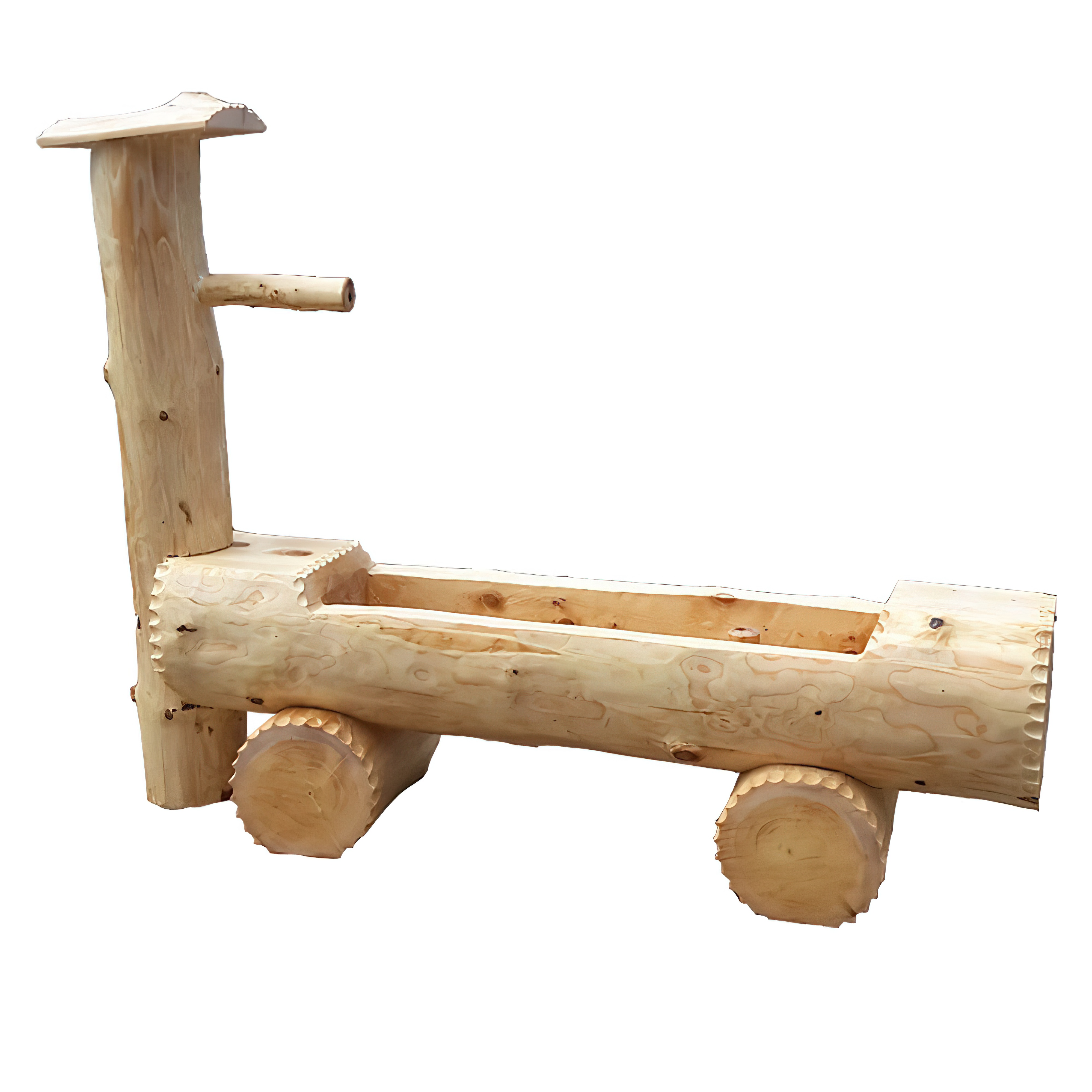 Fontana da giardino artigianale in legno rustico a forma di carrello