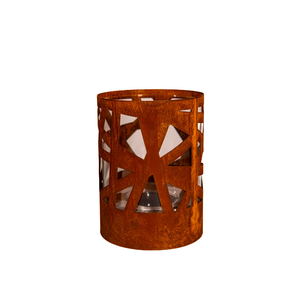 Rundes Rost Metall Windlicht mit Streifen - Windlicht Carina / Rost