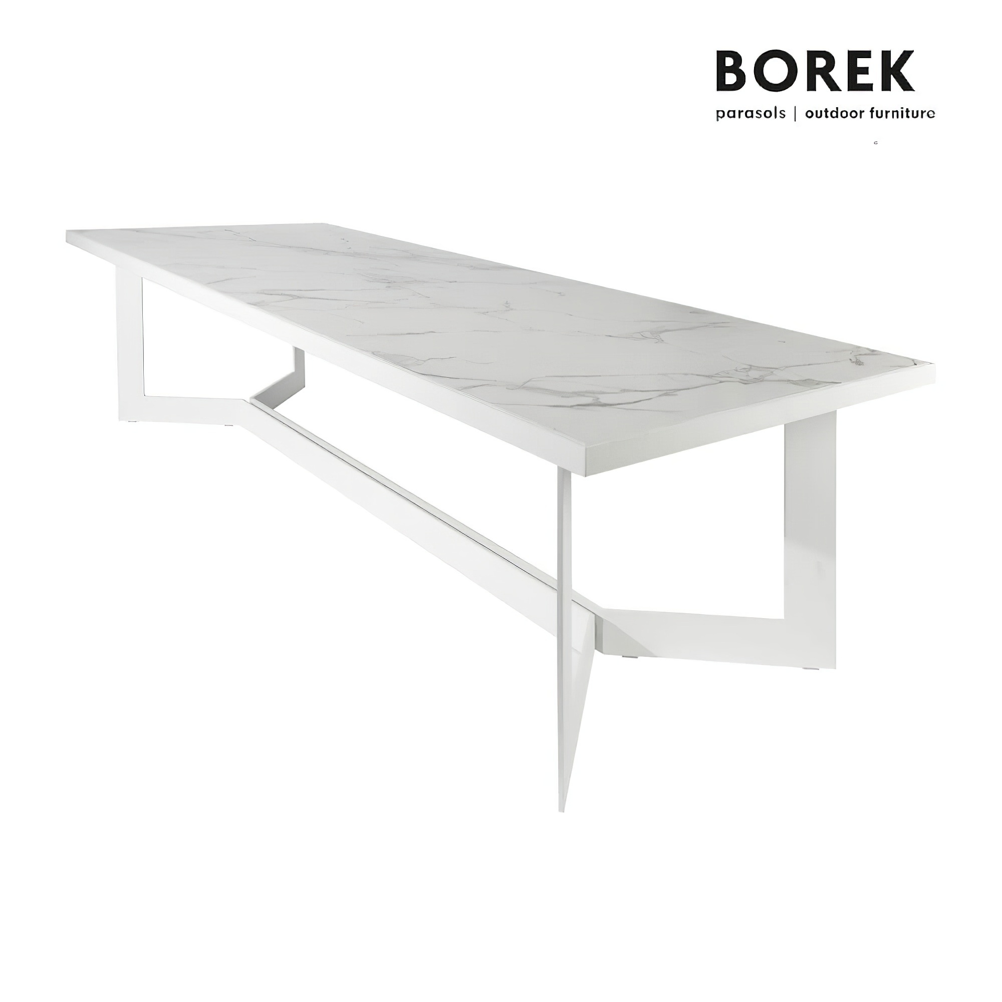 Table de jardin rectangulaire avec structure métallique blanche et plateau en marbre, décoration de jardin élégante