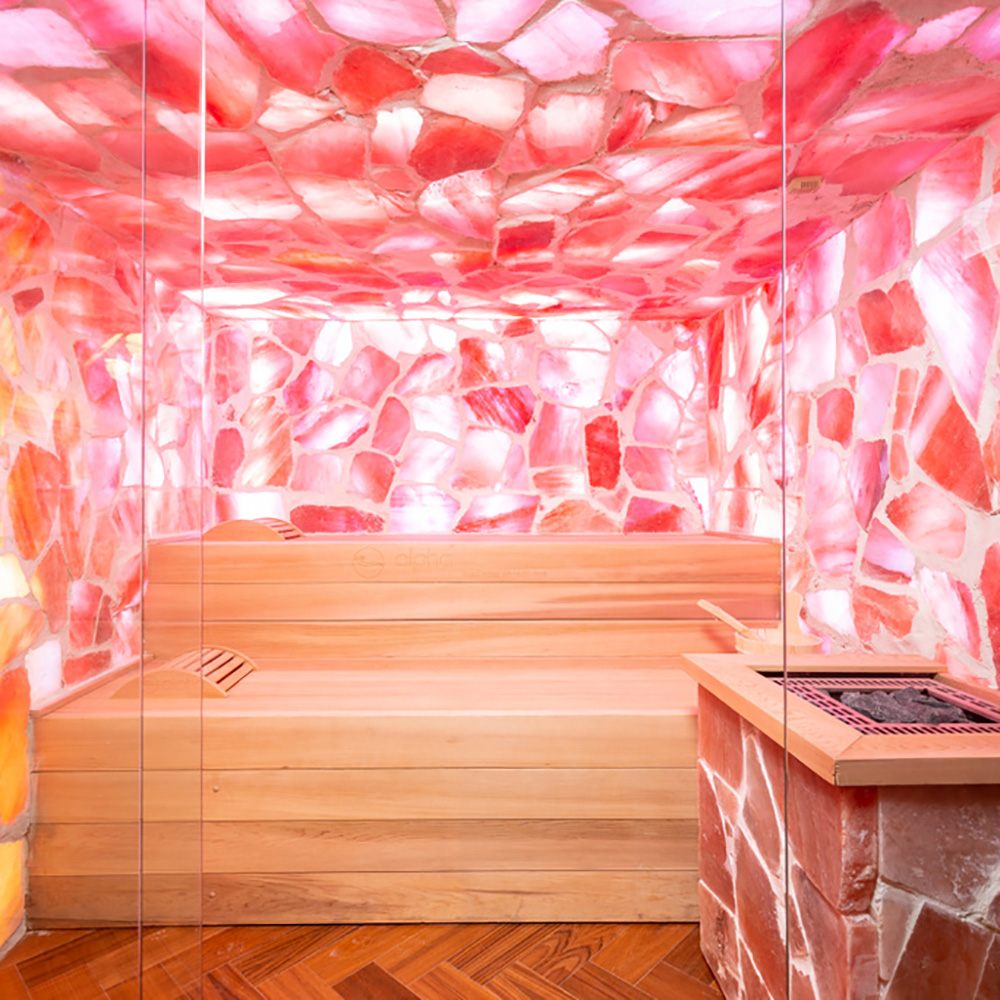 Indoor Salzhöhle mit Mosaikfliesen aus Salzstein inklusive Saunaofen - Majid / ohne Solevernebler