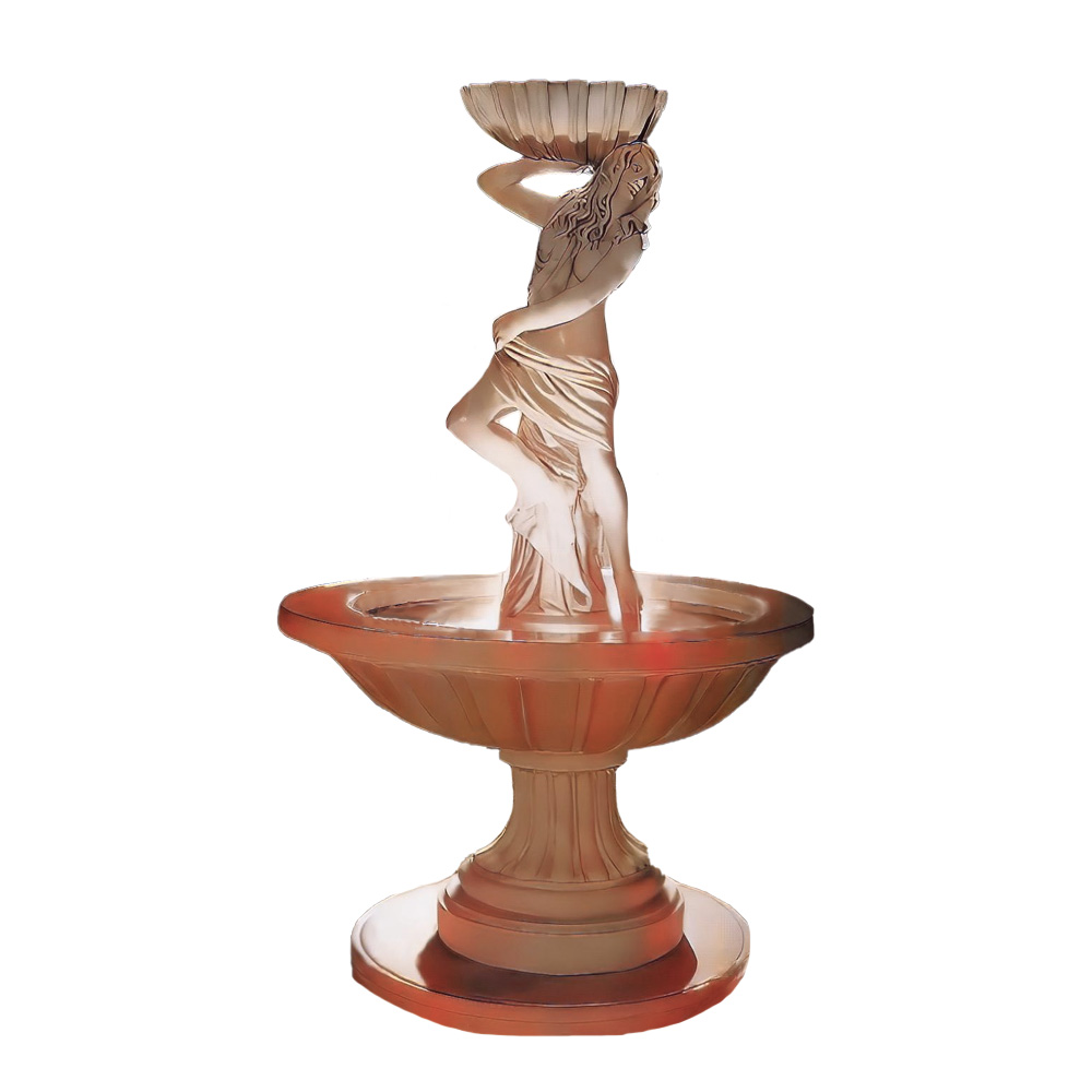 Sculpture de fontaine avec une femme portant un plat sur la tête, en terre cuite