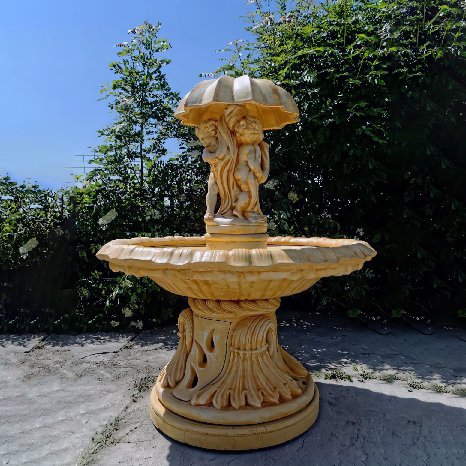 Puttenfiguren unter Regenschirm als Springbrunnen Skulpturen auf Steinguss Fontäne - Fiorenzo / Antikia / ohne Düsen