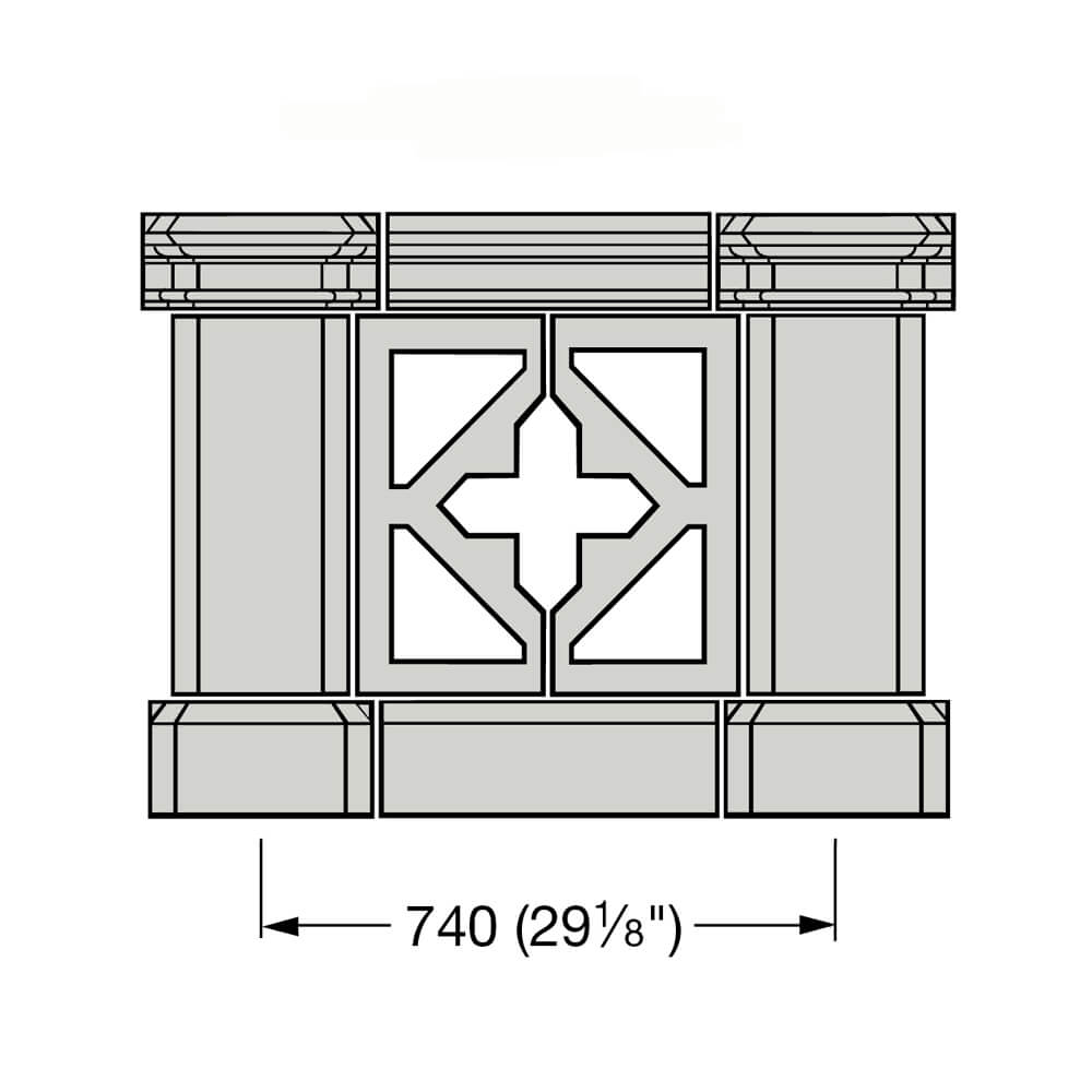 Plan d'une table de jardin avec motif géométrique et mesures en centimètres et pouces