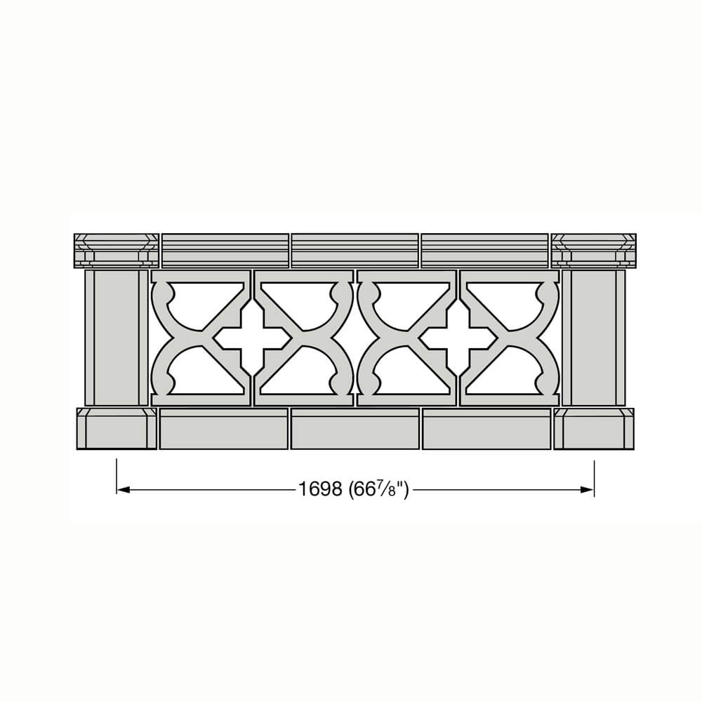 Dessin technique d'une balustrade en pierre décorative avec dimensions dans un contexte de jardin