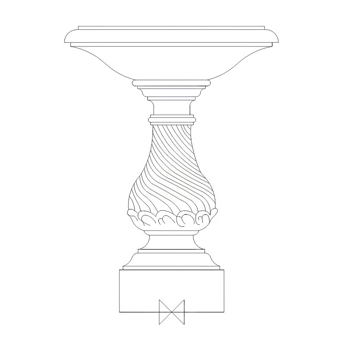 Disegno a contorni in bianco e nero di una fontana decorativa da giardino con parte centrale a spirale
