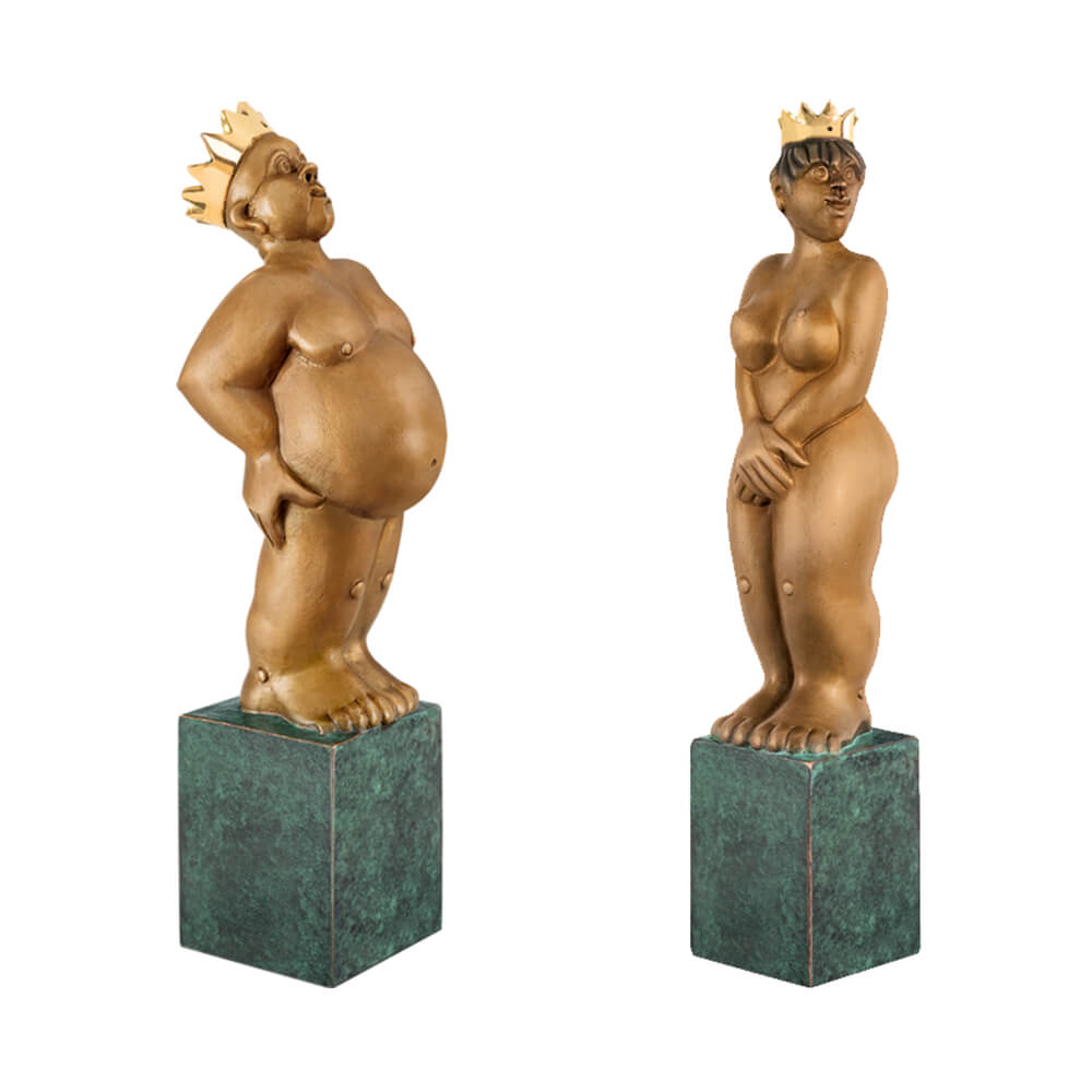 Limitierte Bronzefiguren 2er Set mit Krone und Sockel - König und Königin Set