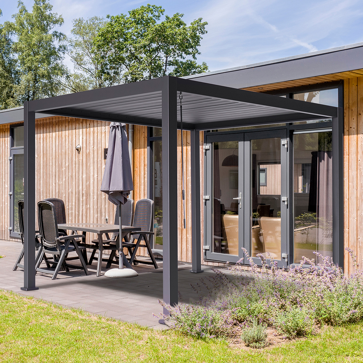 Moderner Anthrazit Gartenpavillon aus Aluminium mit Lamellendach - Elegono / 250x360x360cm (HxBxT)