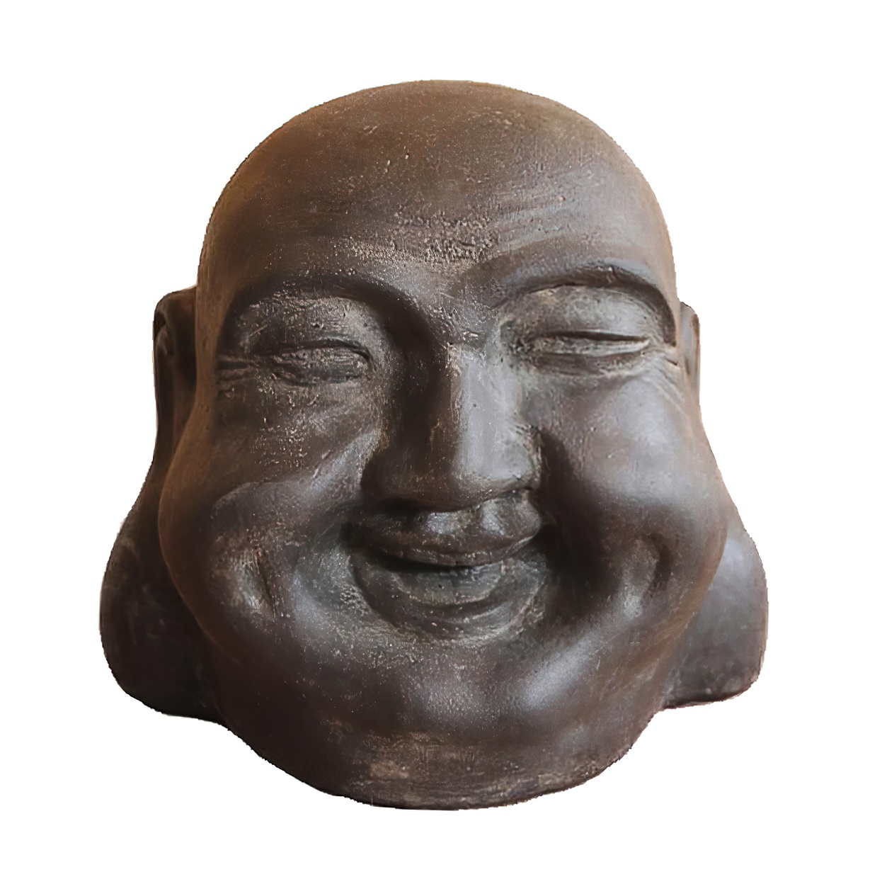 Objet décoratif représentant une tête de Bouddha souriante en pierre brune pour le jardin