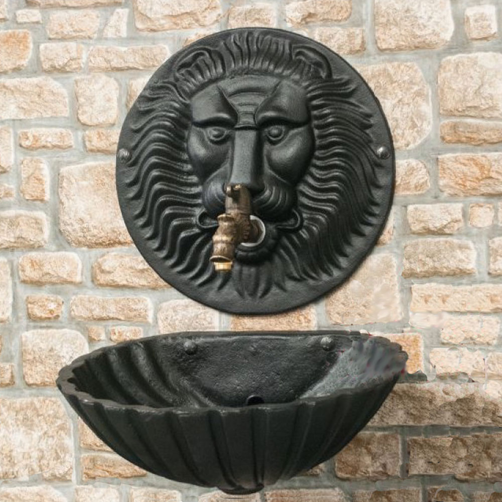 Zweiteiliger Wandbrunnen mit Löwenköpf aus Gusseisen - Ragnar / Grün