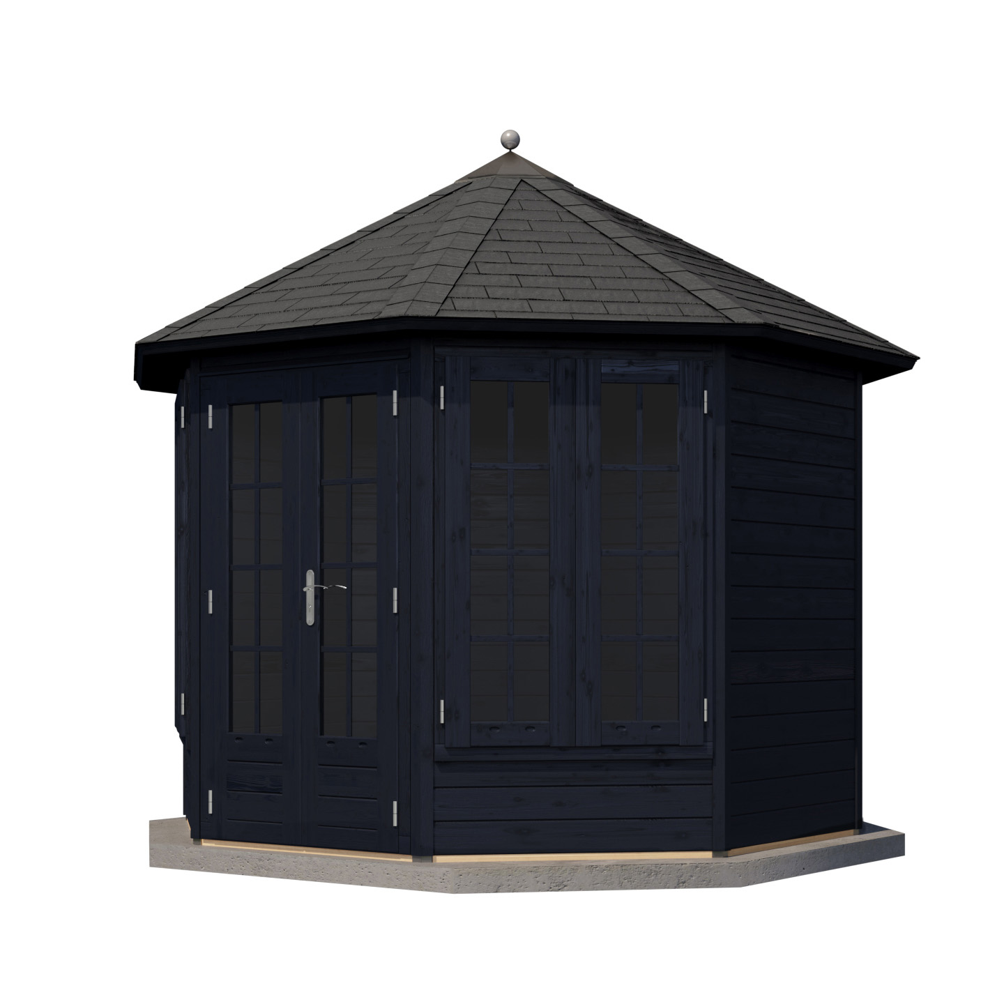Pavillon de jardin hexagonal noir avec fenêtres et porte en verre