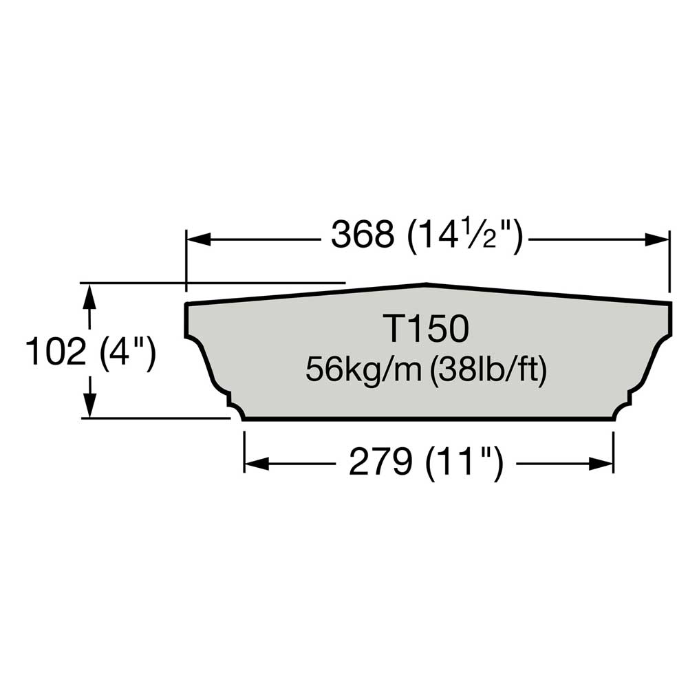 Dessin technique montrant les dimensions et le poids d'un profil métallique T150 pour jardin