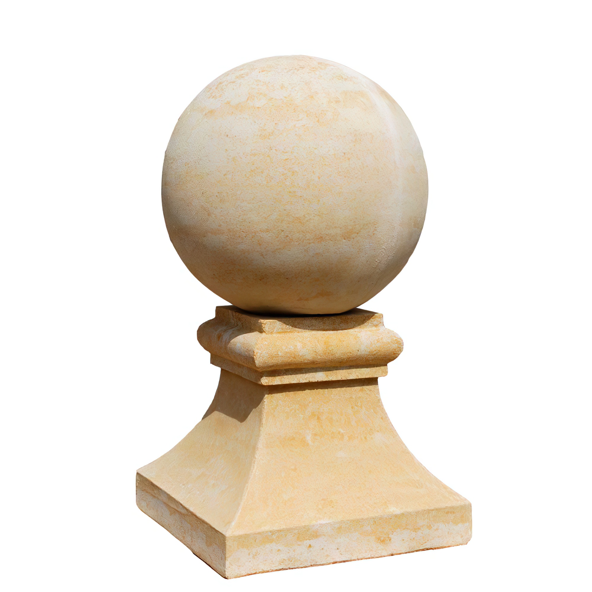 Sfera rotonda in arenaria su base rettangolare, decorazione per il giardino