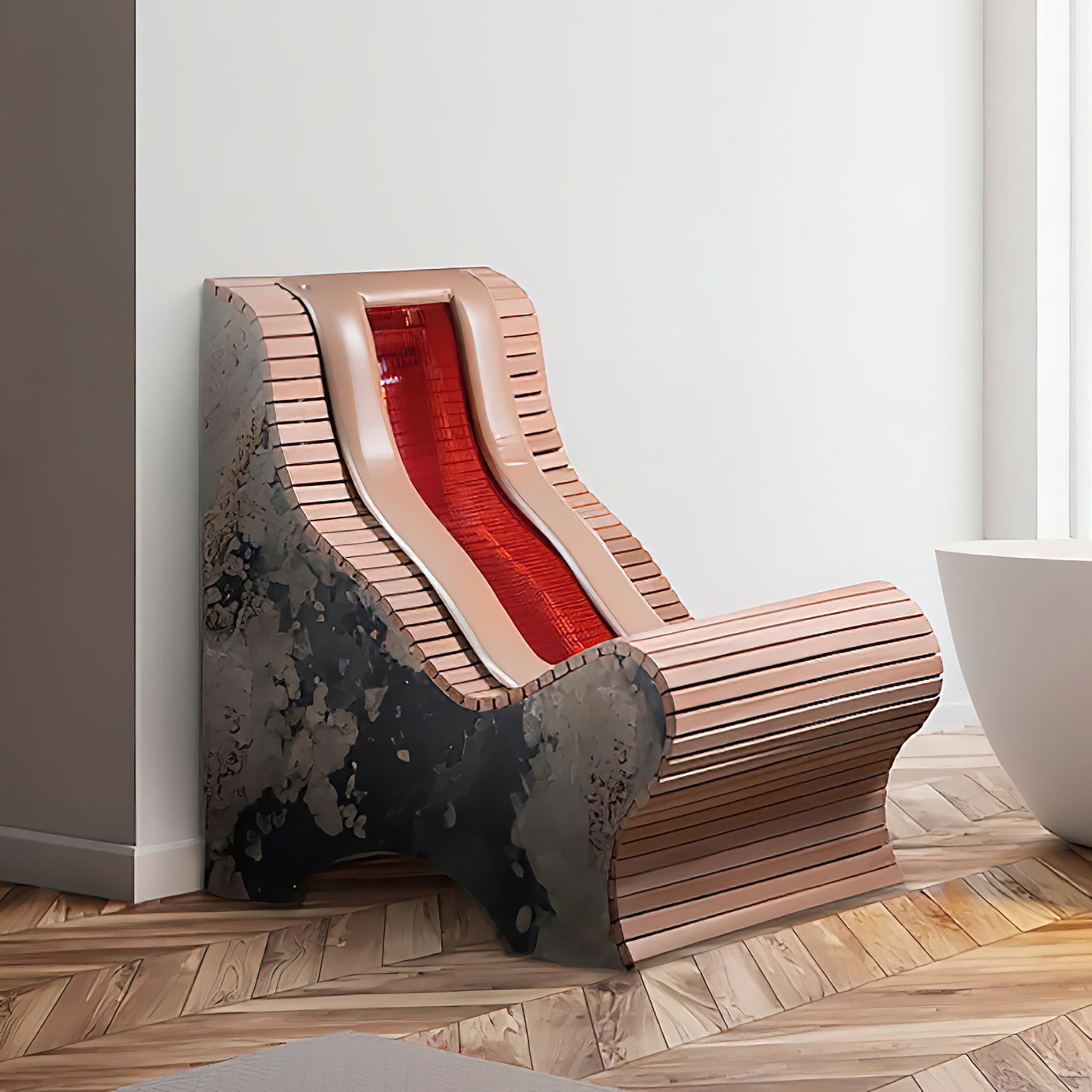 Sedia da giardino con design stilizzato in legno e metallo in ambiente interno
