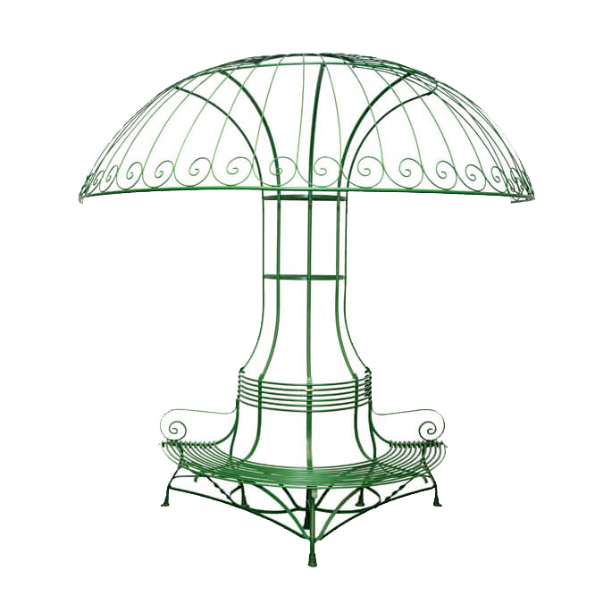 Metallgestell eines grünen Gartenpavillons in Pilzform mit integrierten Sitzbänken